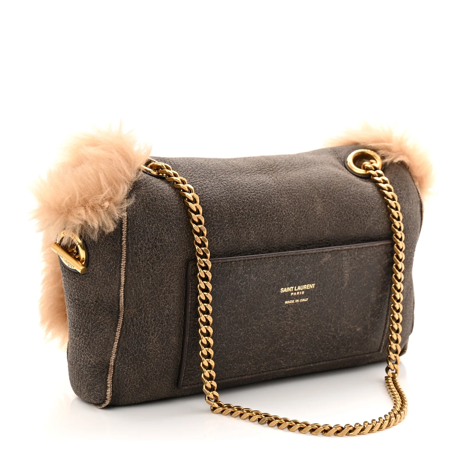 Shearling Calfskin Small Reversible Monogram Kate Satchel Ecru Dark Brown - Image 5