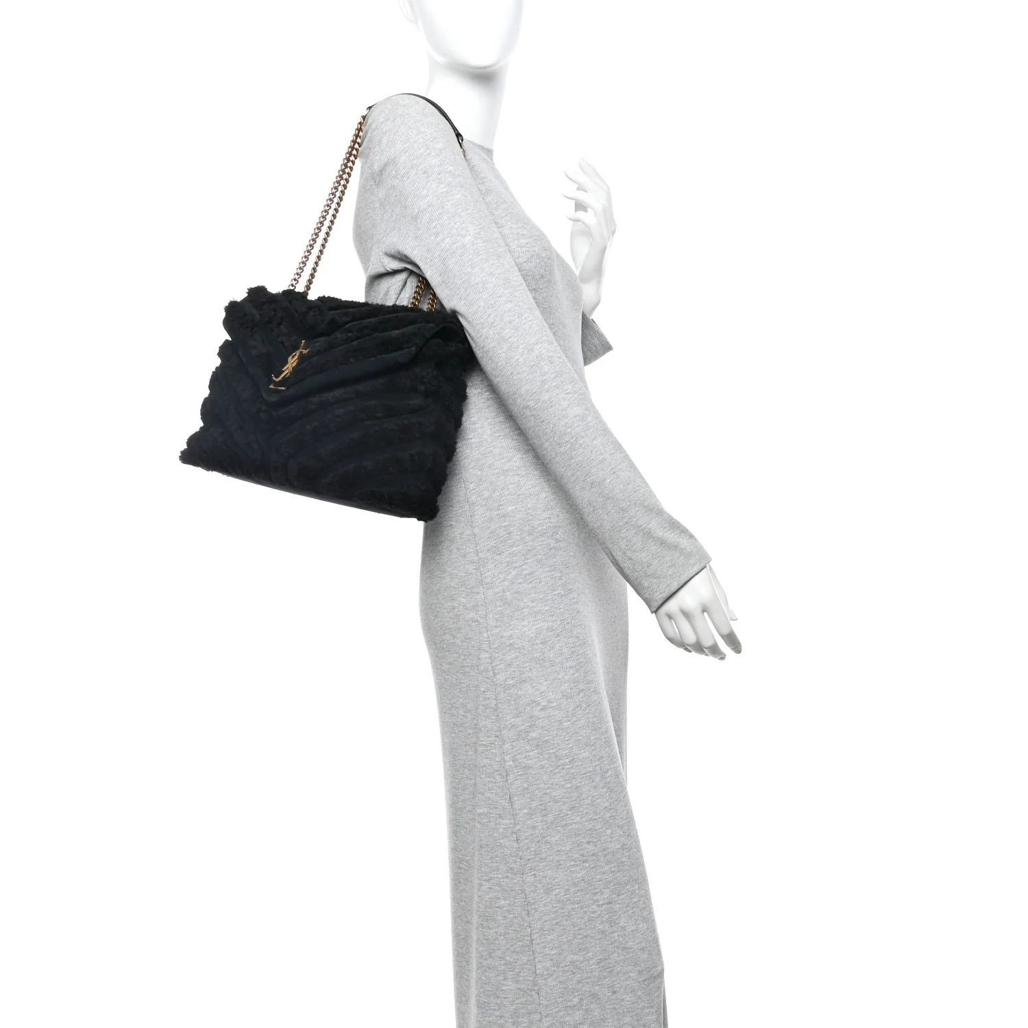 Shearling Y Quilted Monogram Medium Loulou Chain Satchel Black - Image 2