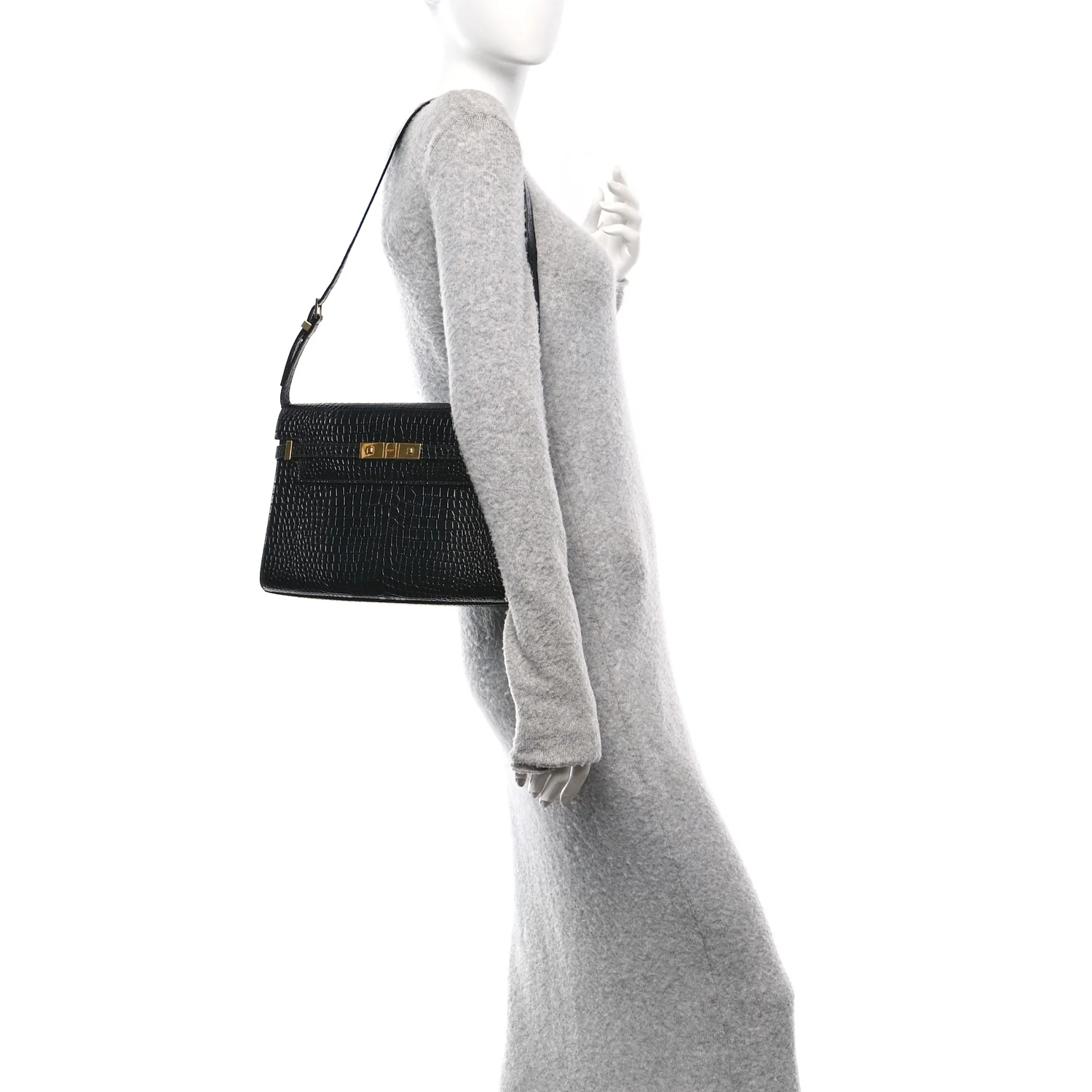 Shiny Calfskin Crocodile Embossed Manhattan Baguette Black - Image 2