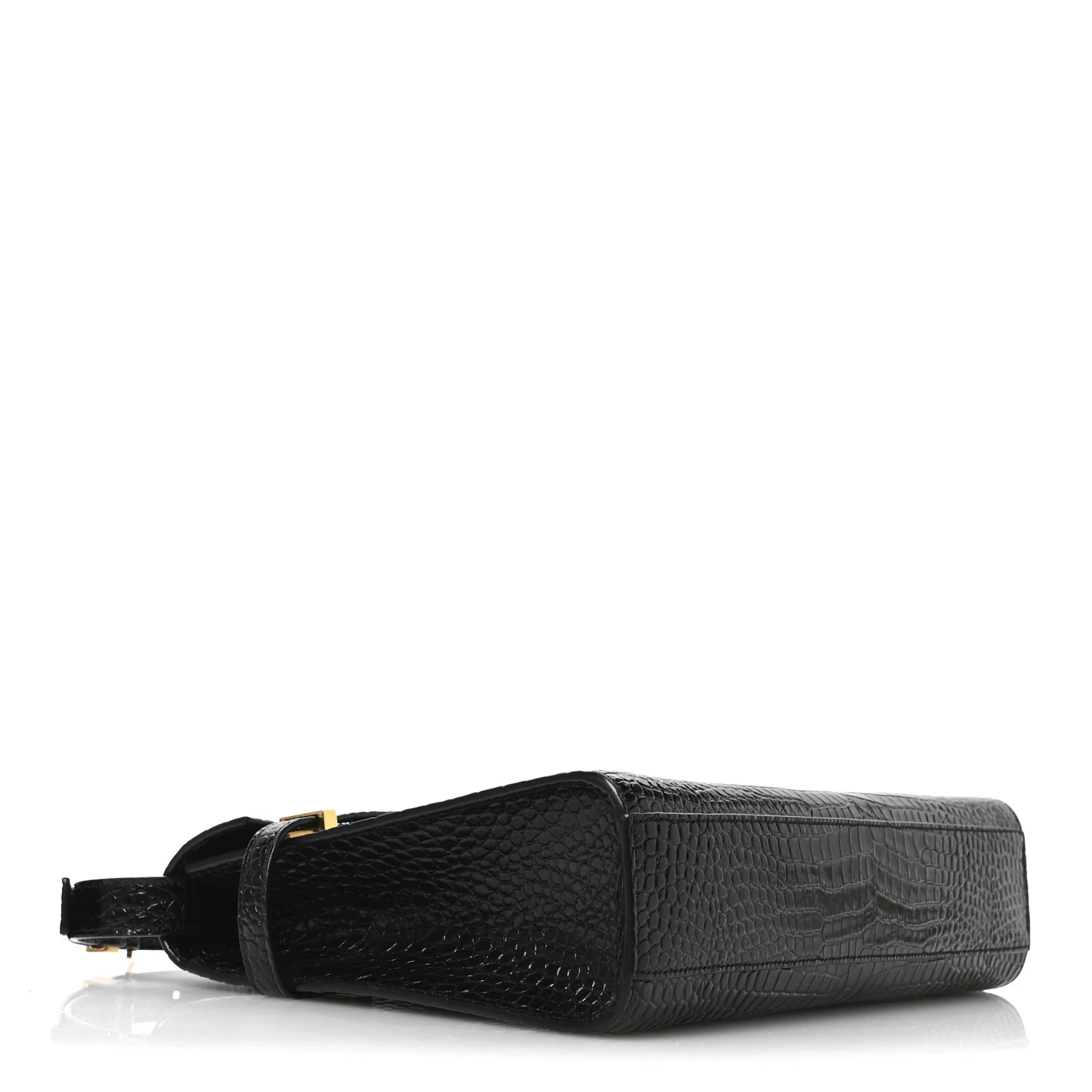 Shiny Calfskin Crocodile Embossed Manhattan Baguette Black - Image 4