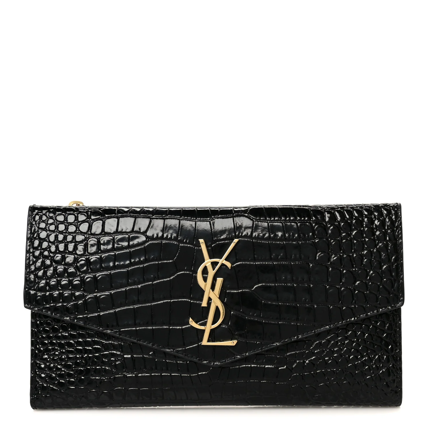 Shiny Calfskin Crocodile Embossed Monogram Uptown Wallet Black