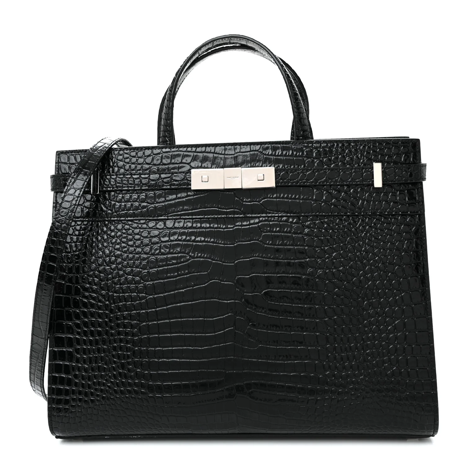 Shiny Calfskin Crocodile Embossed Small Manhattan Shopper Tote Black