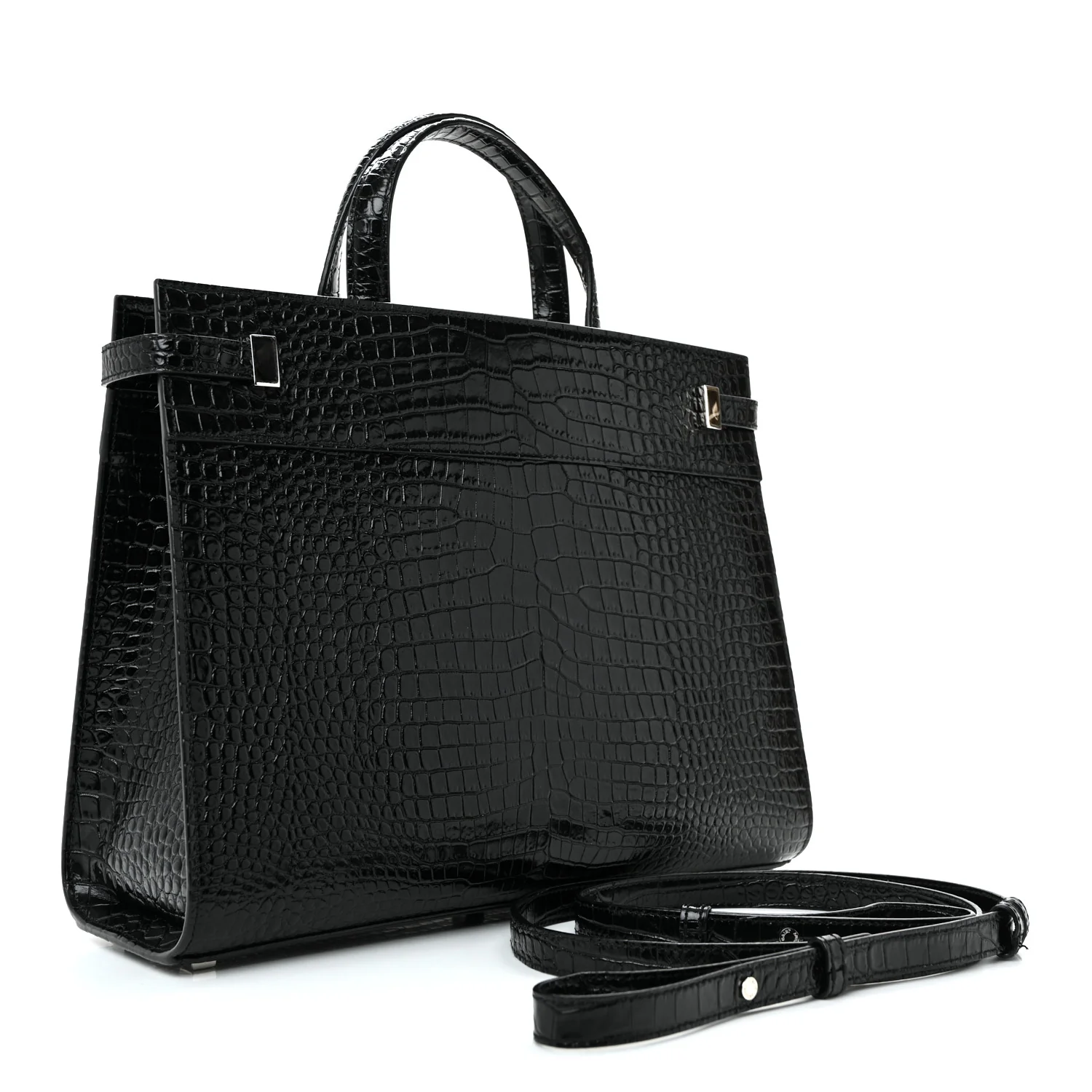 Shiny Calfskin Crocodile Embossed Small Manhattan Shopper Tote Black - Image 3