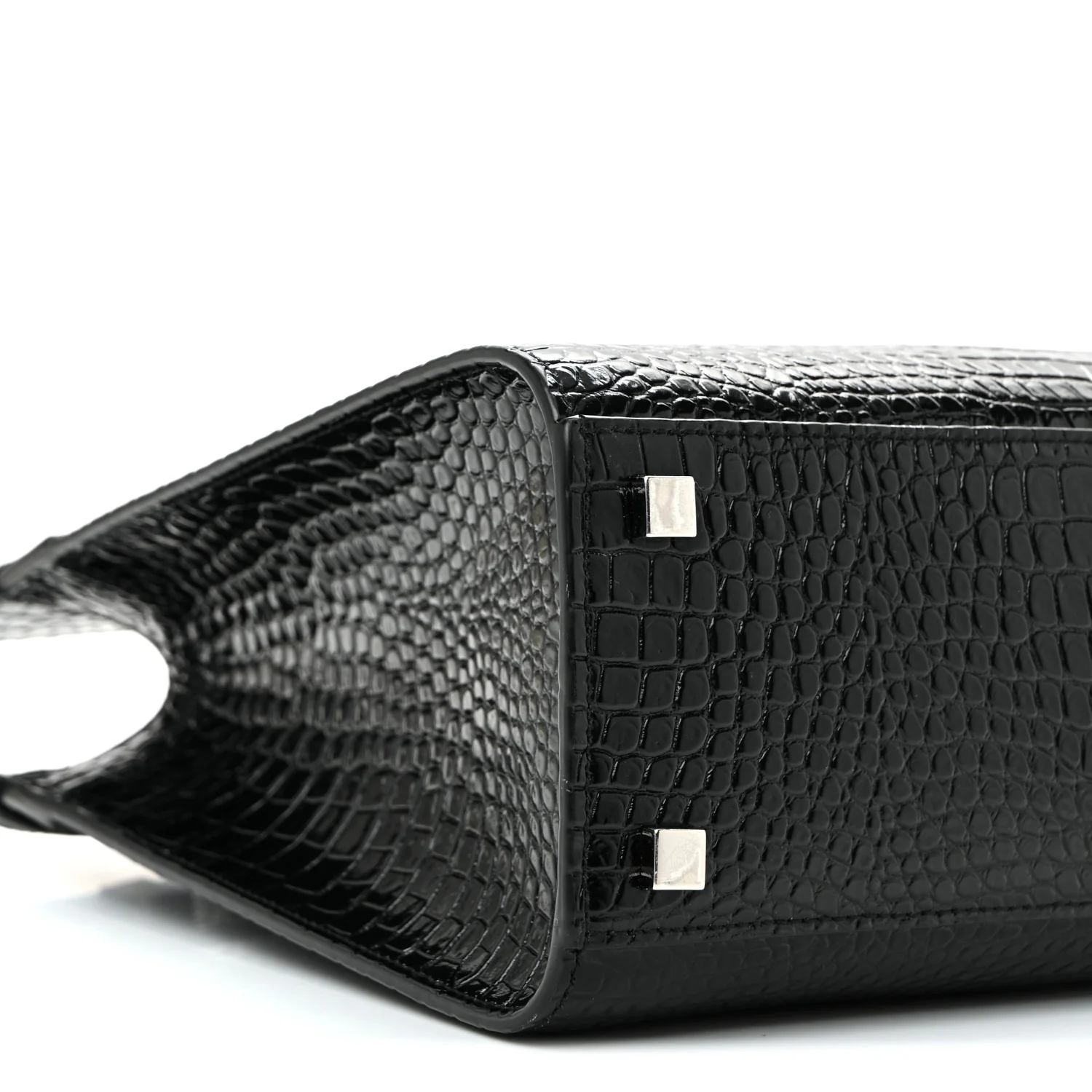 Shiny Calfskin Crocodile Embossed Small Manhattan Shopper Tote Black - Image 8