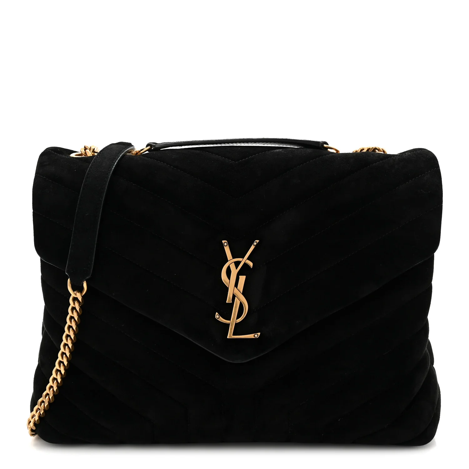 Suede Y Quilted Monogram Medium Loulou Chain Satchel Black