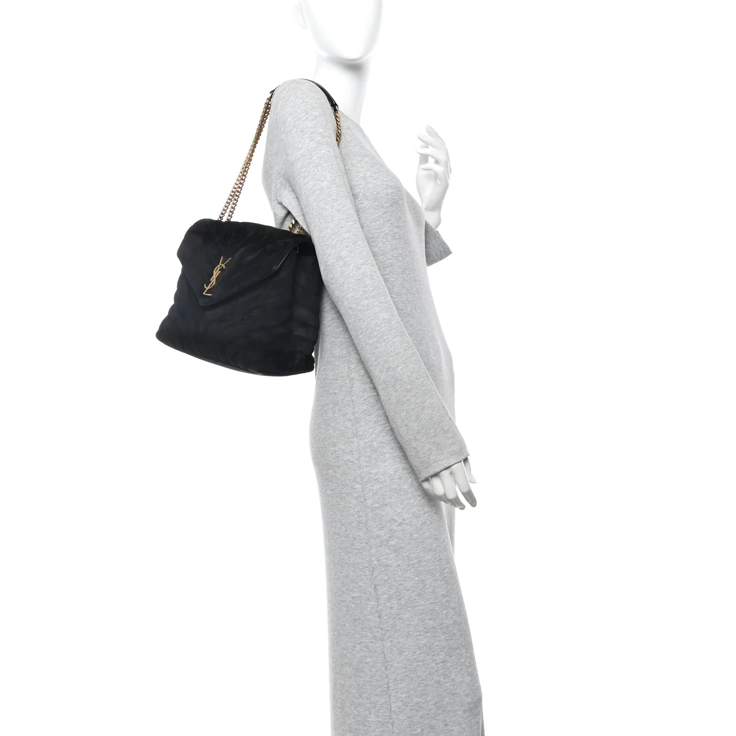 Suede Y Quilted Monogram Medium Loulou Chain Satchel Black - Image 3
