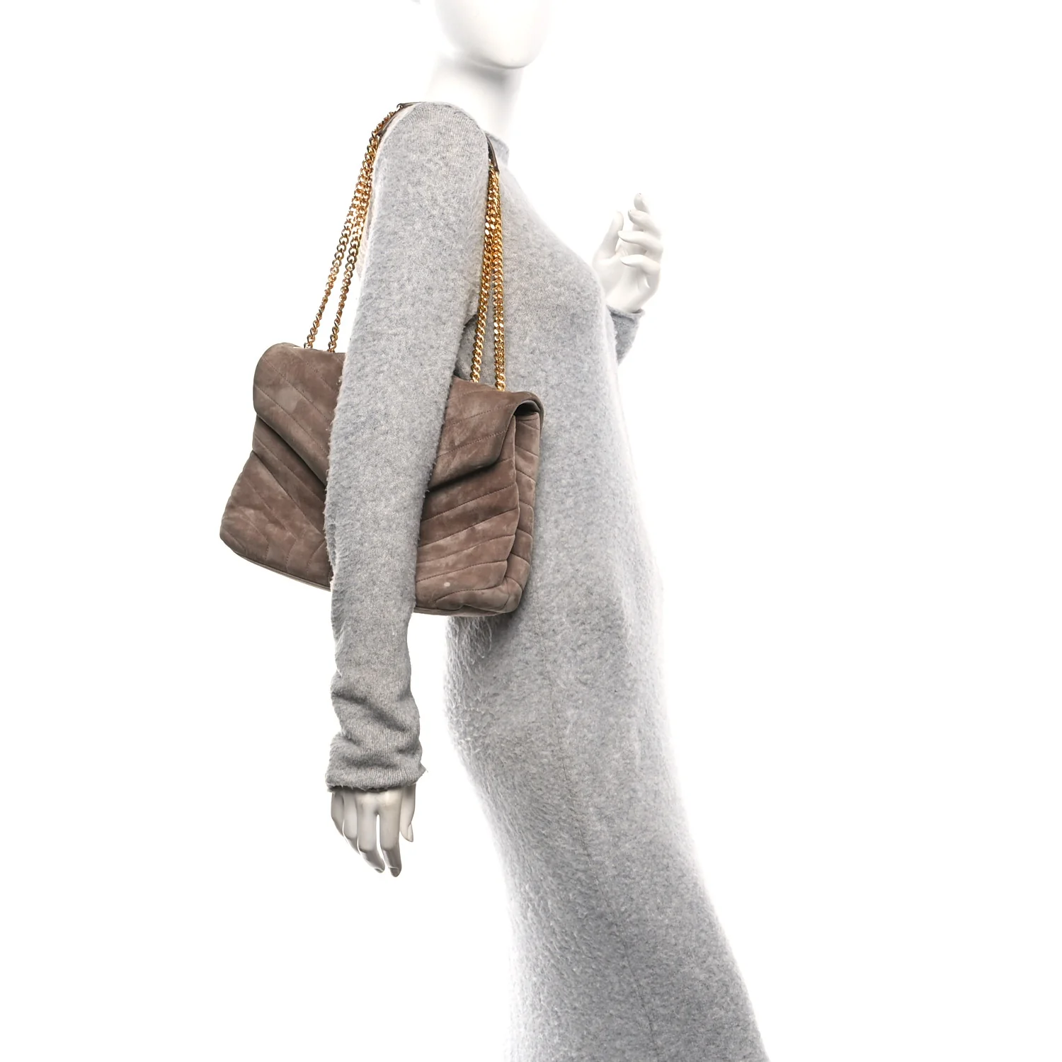 Suede Y Quilted Monogram Medium Loulou Chain Satchel Taupe - Image 2
