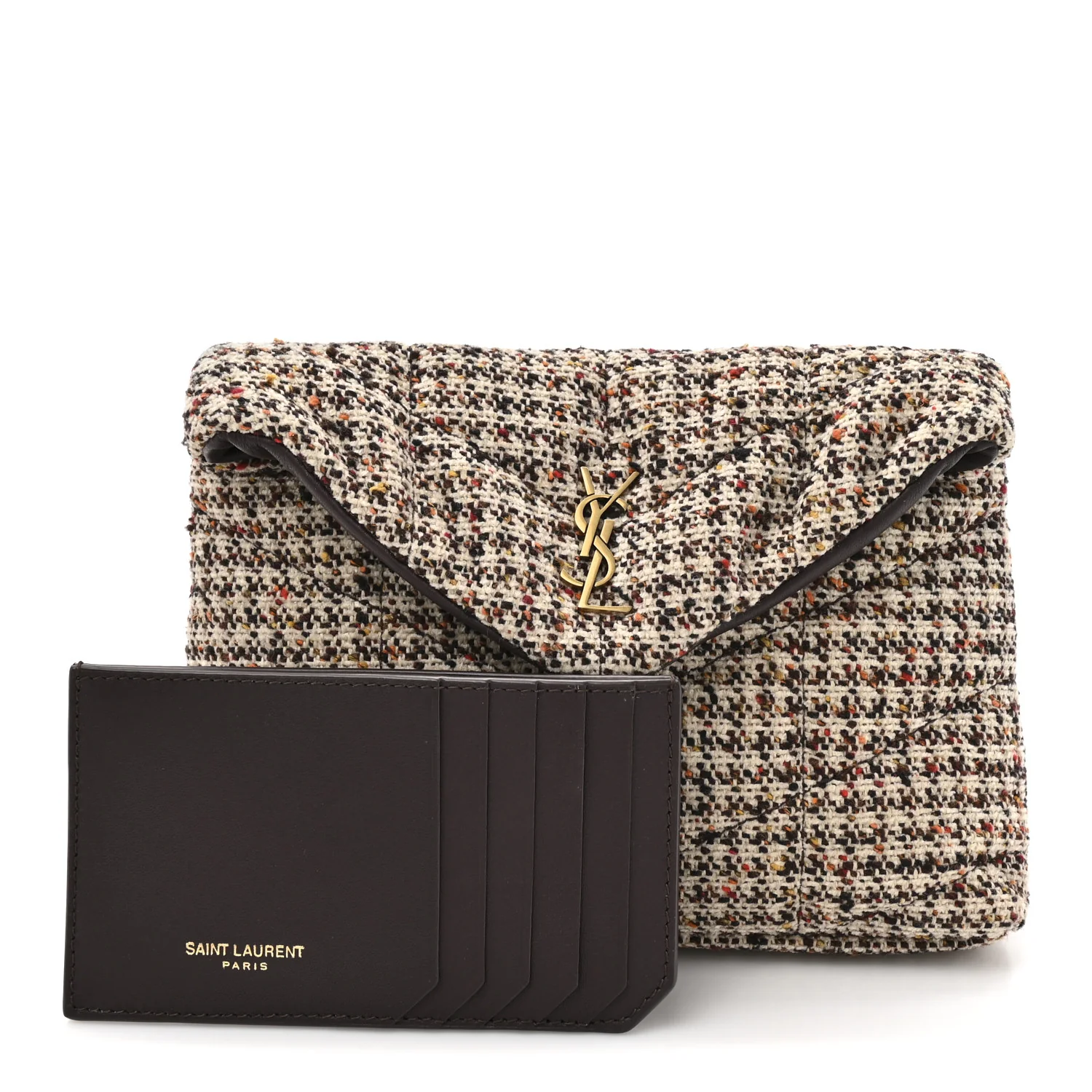 Tweed Quilted Loulou Puffer Monogram Pouch Clutch Beige Umber Multicolor - Image 3