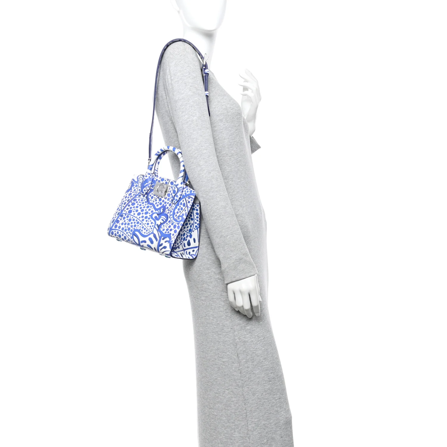 Calfskin Foliage Print Small The Studio Bag White Blue - Image 2