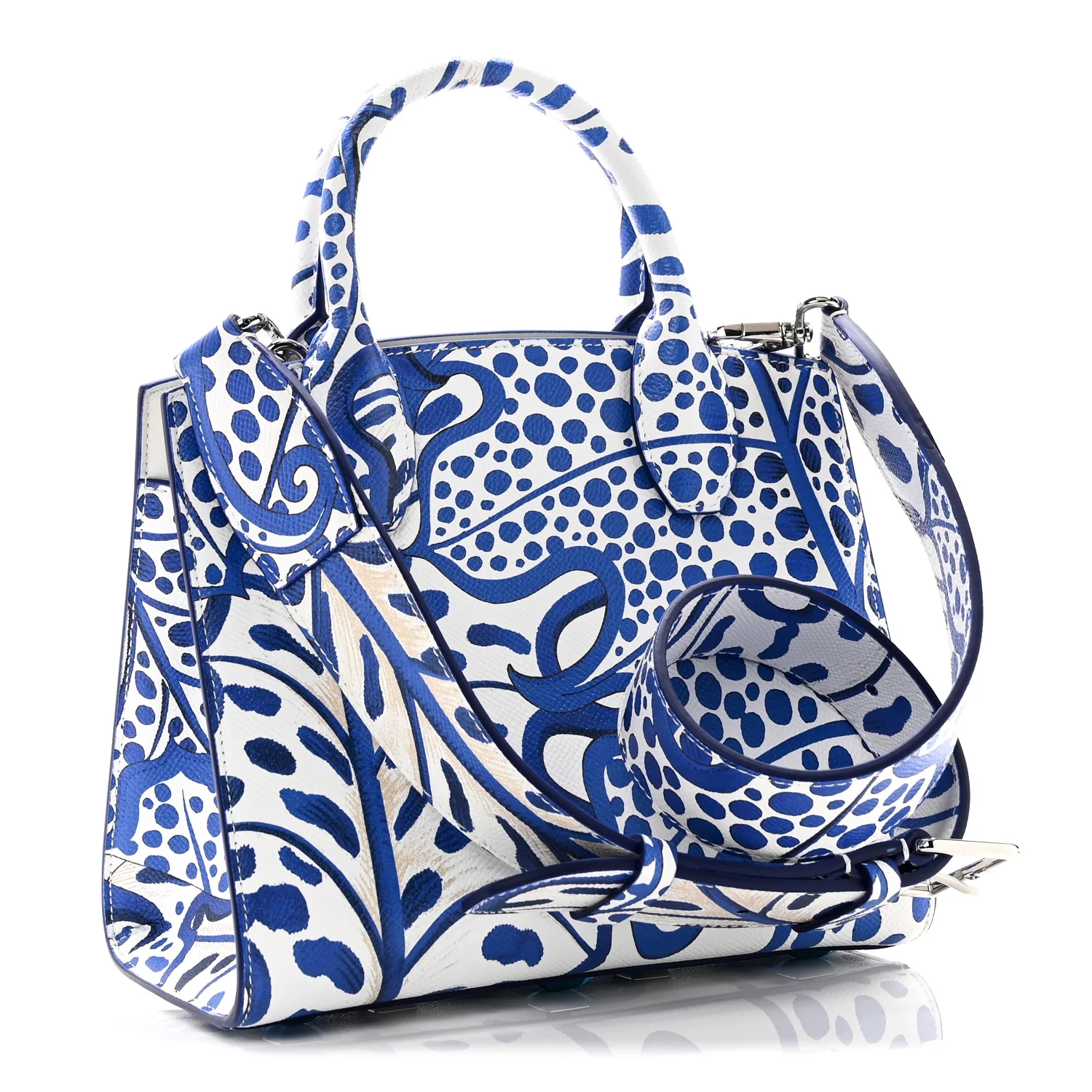 Calfskin Foliage Print Small The Studio Bag White Blue - Image 3