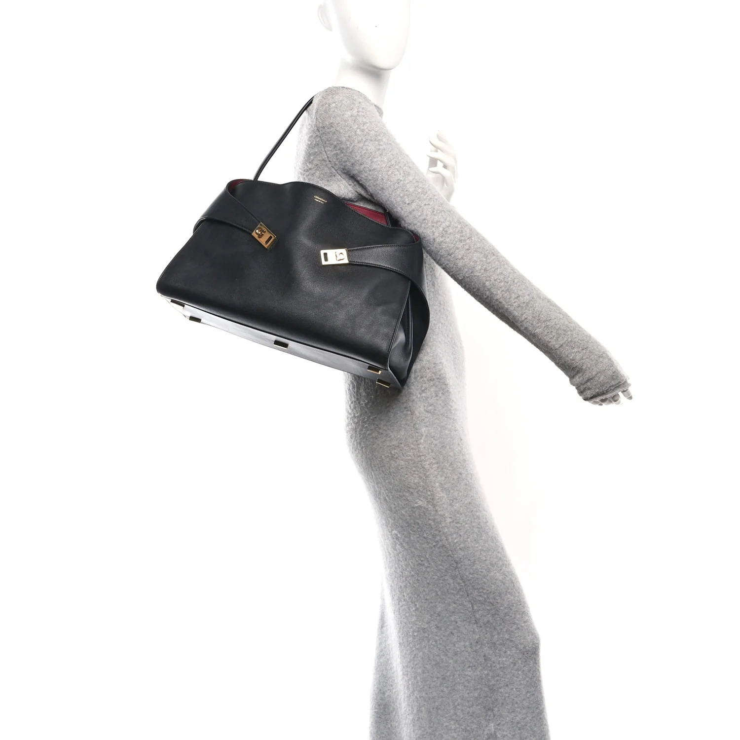 Calfskin Large Hug Soft Bicolor Shoulder Bag Black Flame Red - Image 2