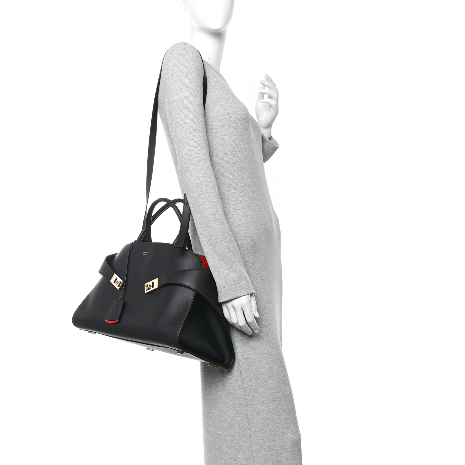 Calfskin Large Hug Soft Bicolor Shoulder Bag Black Flame Red - Image 2