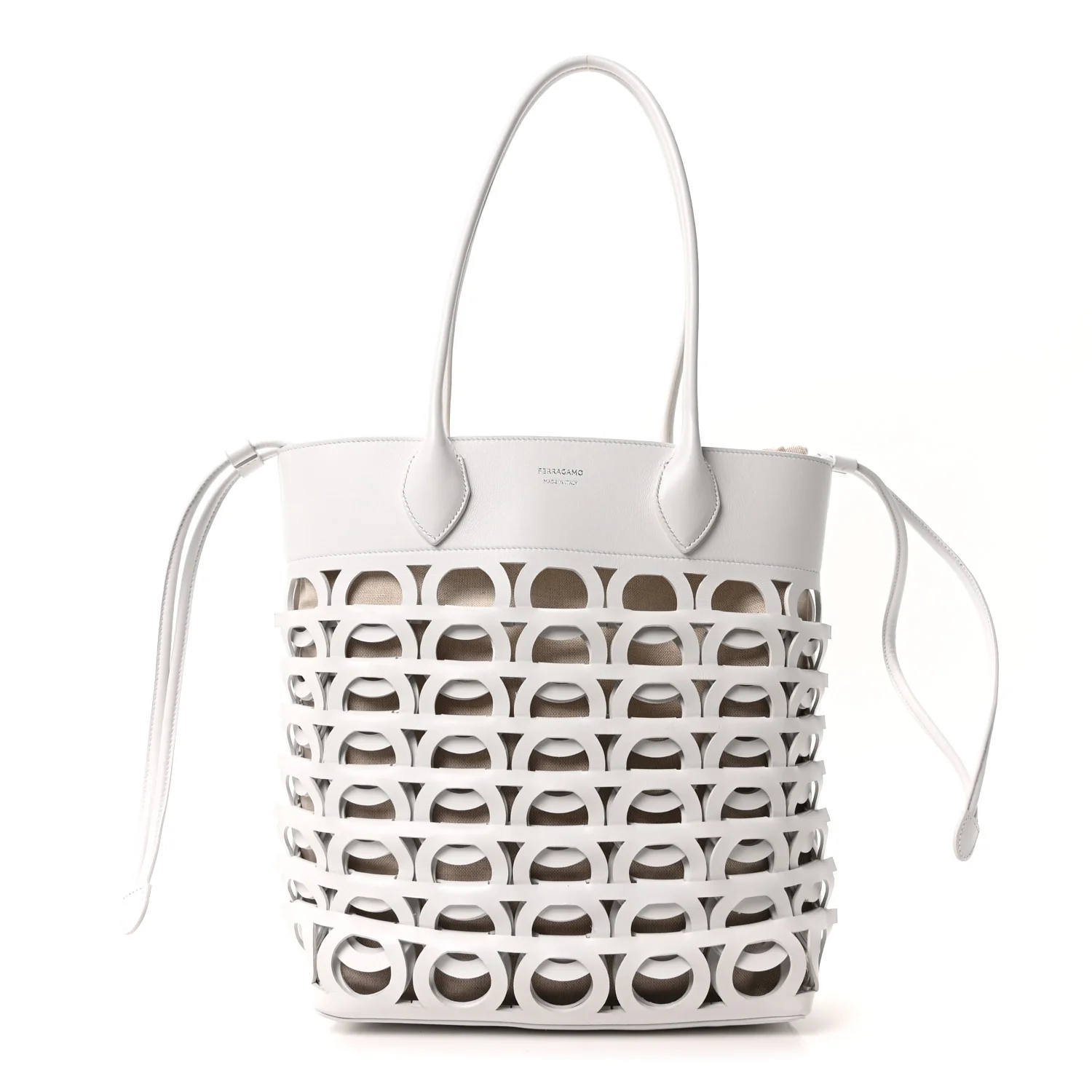 Calfskin Perforated Medium Gancini Tote Bag Optic White - Image 2