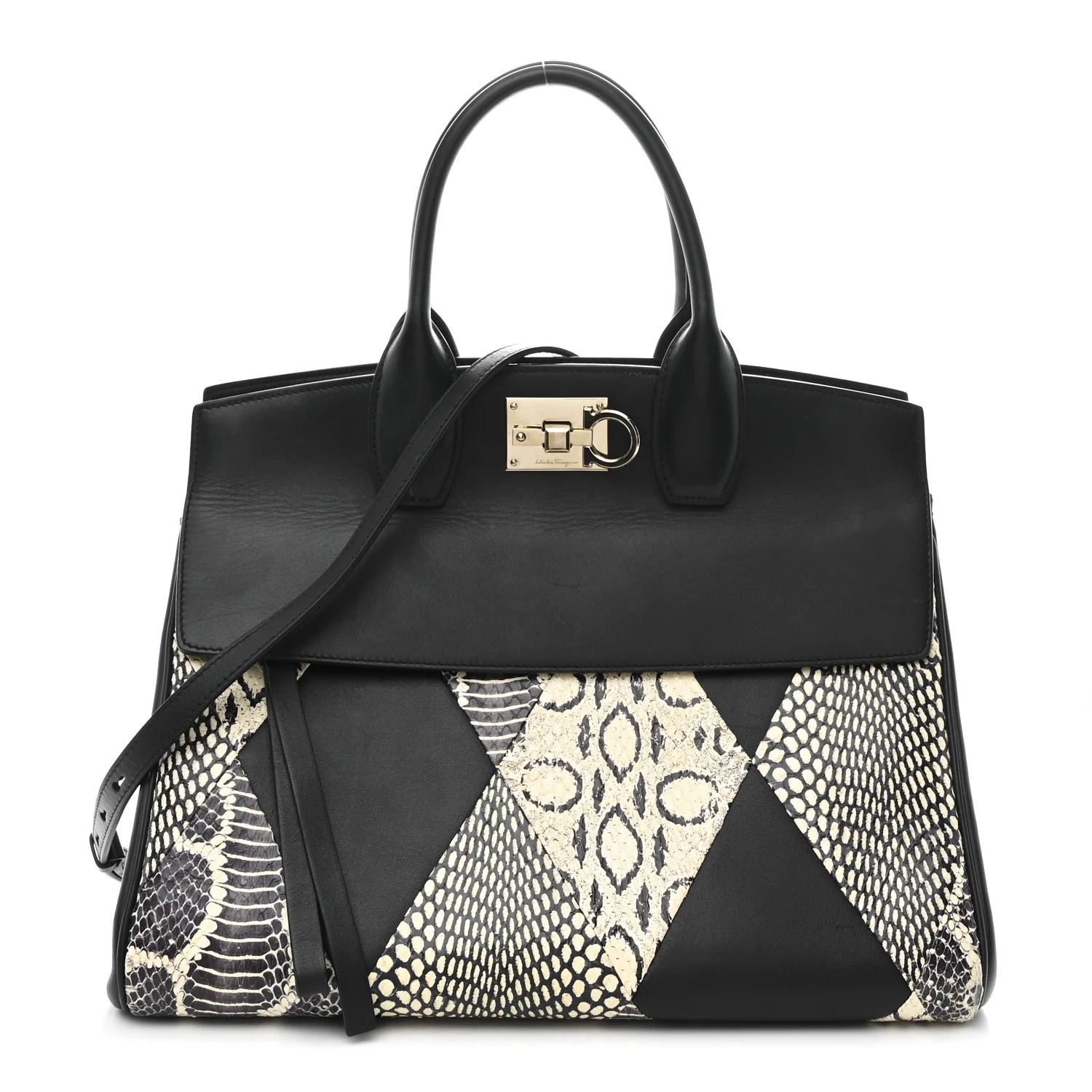 Calfskin Snakeskin Gancini Large Studio Bag Black Beige