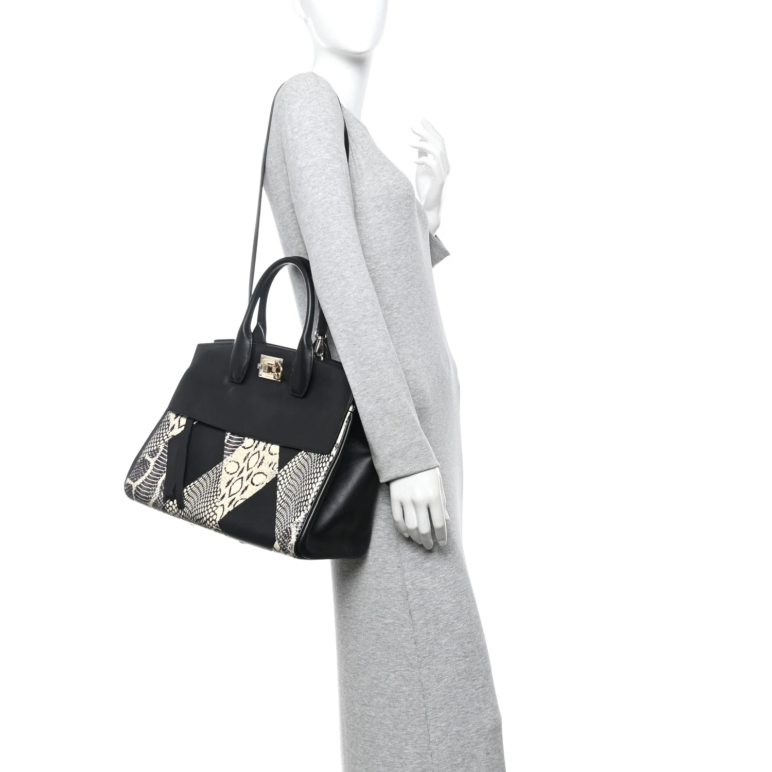 Calfskin Snakeskin Gancini Large Studio Bag Black Beige - Image 2