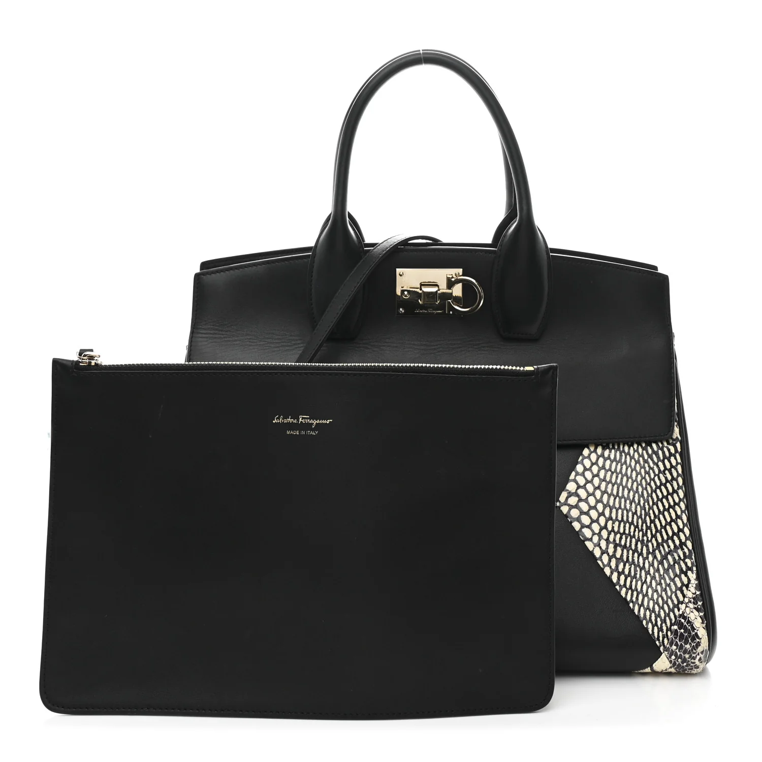 Calfskin Snakeskin Gancini Large Studio Bag Black Beige - Image 3