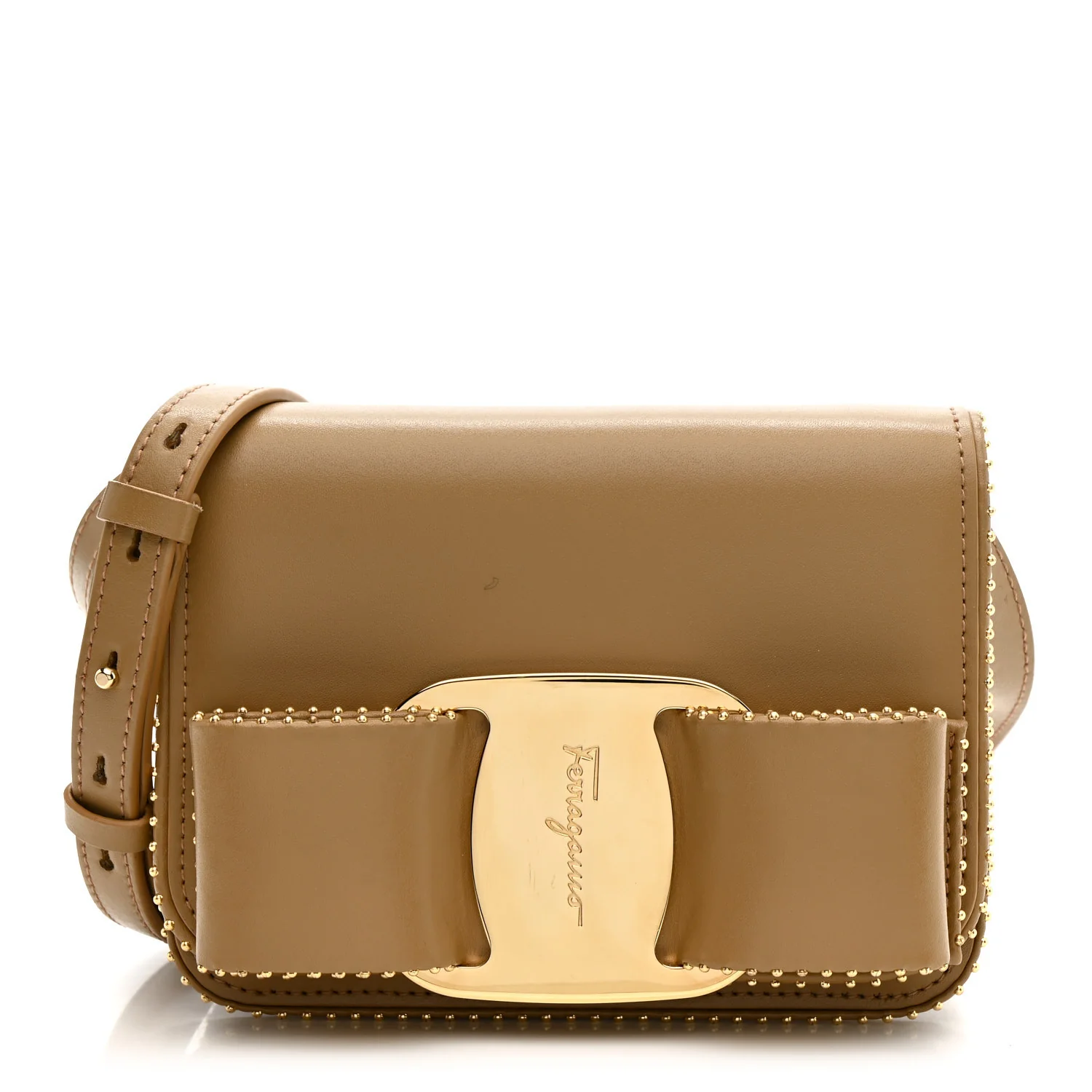 Calfskin Studded Mini Vara Bow Crossbody Bag Camel
