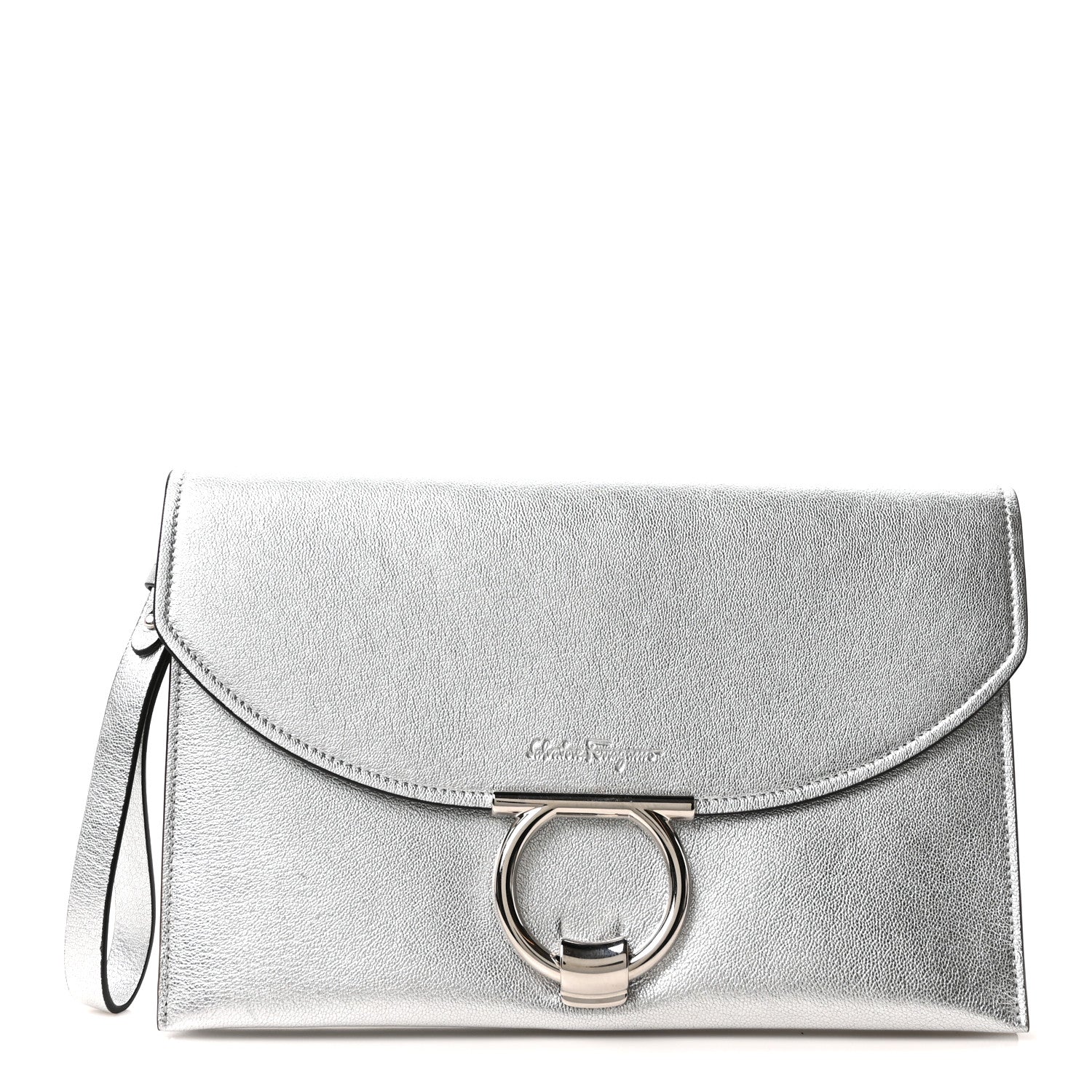 Metallic Calfskin Gancini Clutch Silver