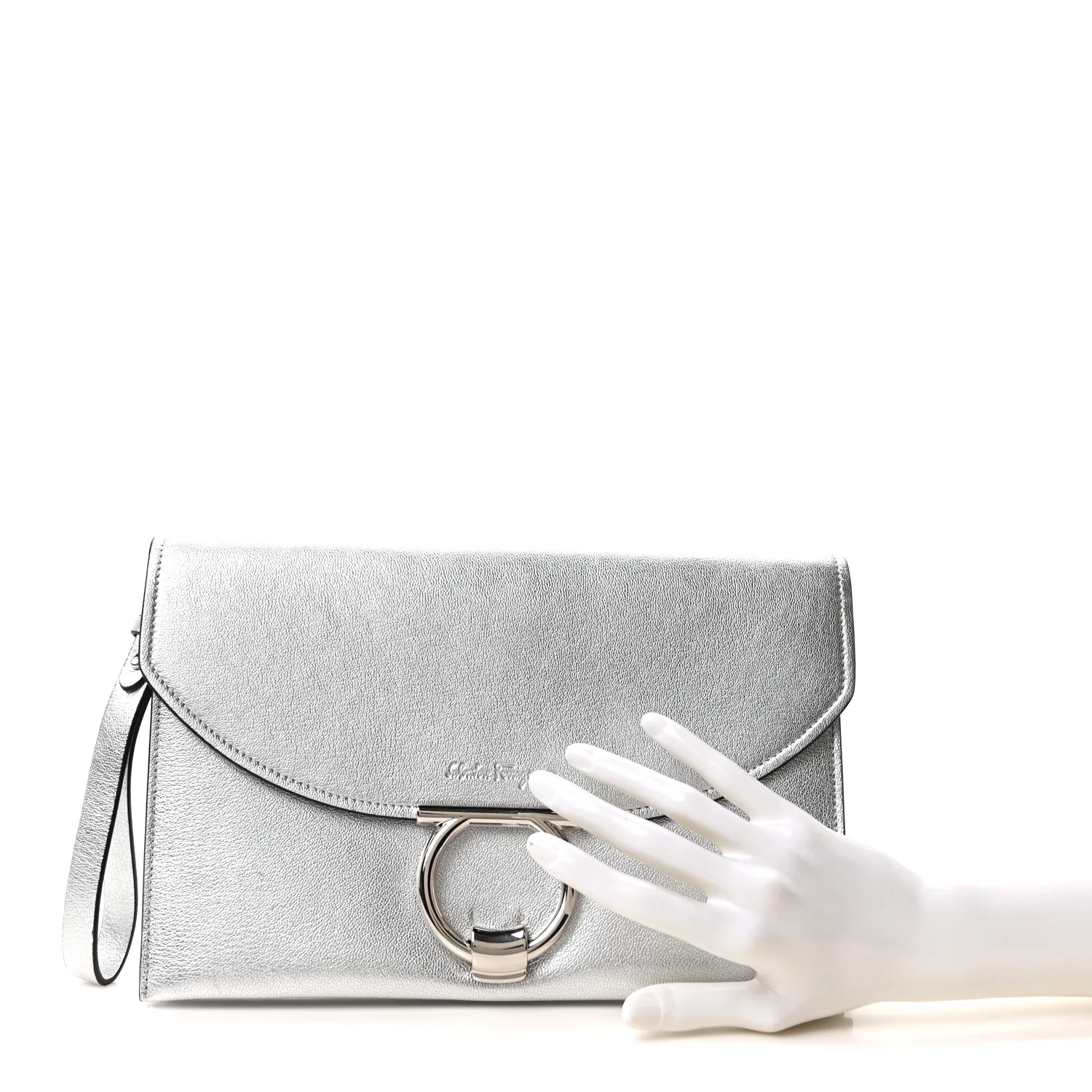 Metallic Calfskin Gancini Clutch Silver - Image 2