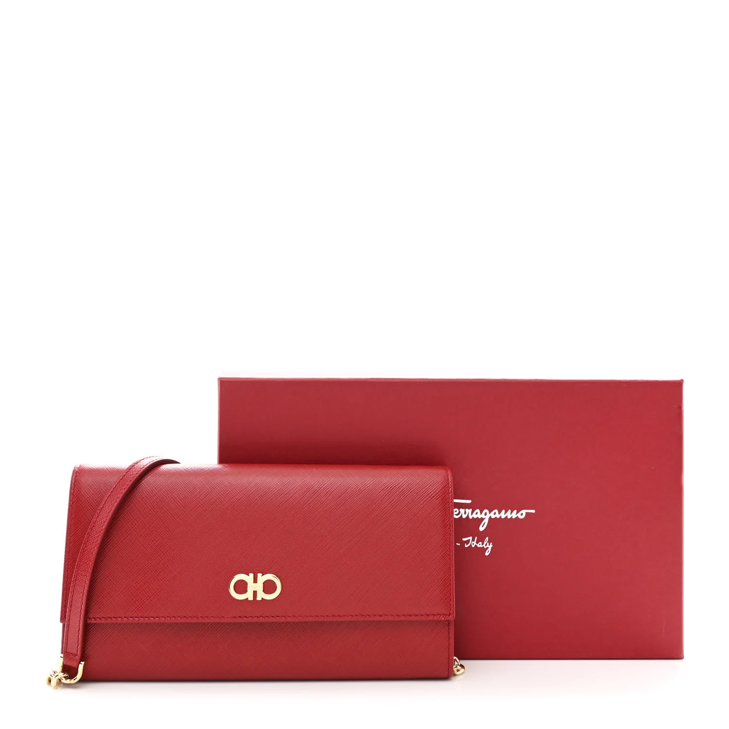 Printed Calfskin Gancini Wallet On Chain Red - Image 12