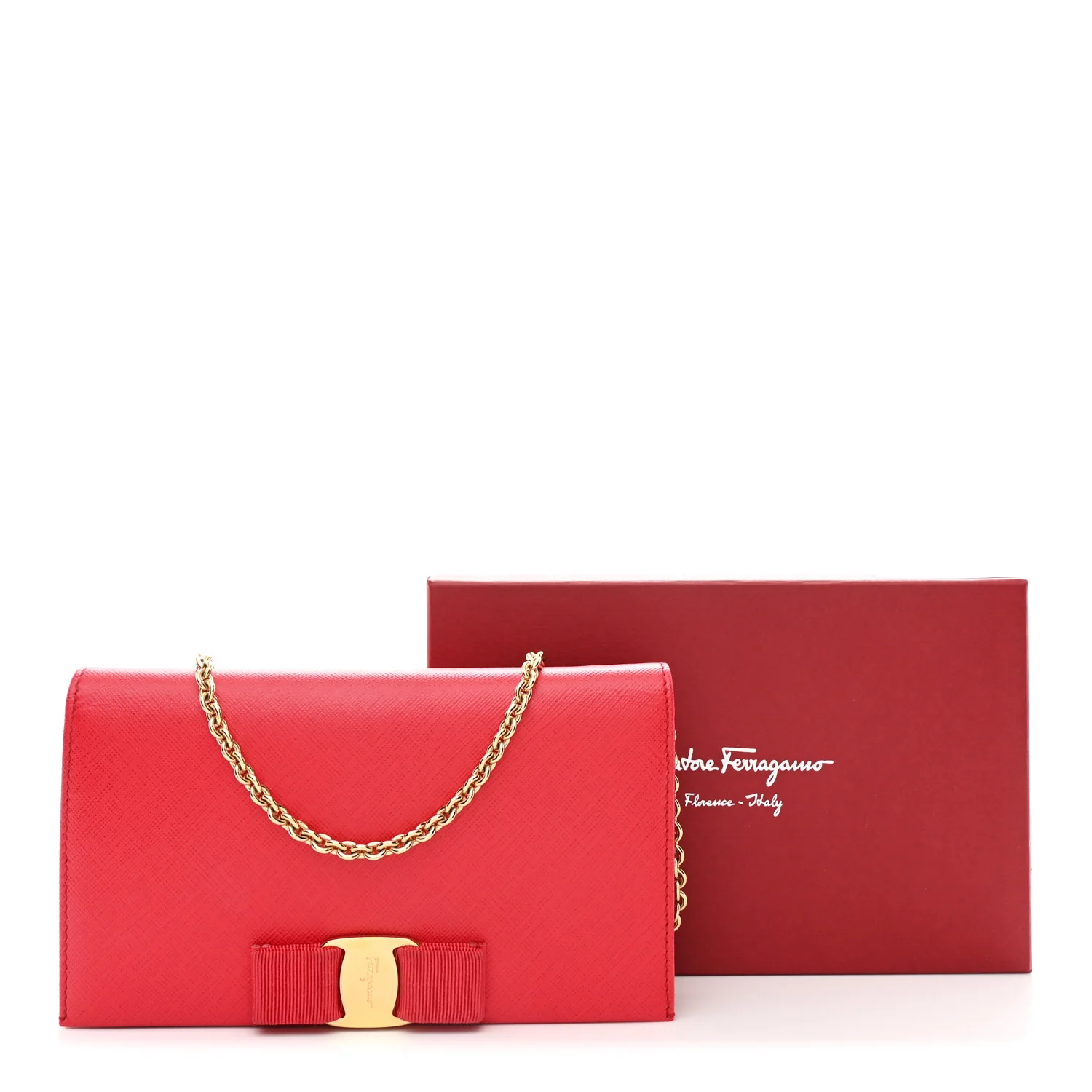 Printed Calfskin Vara Bow Chain Wallet Red - Image 12
