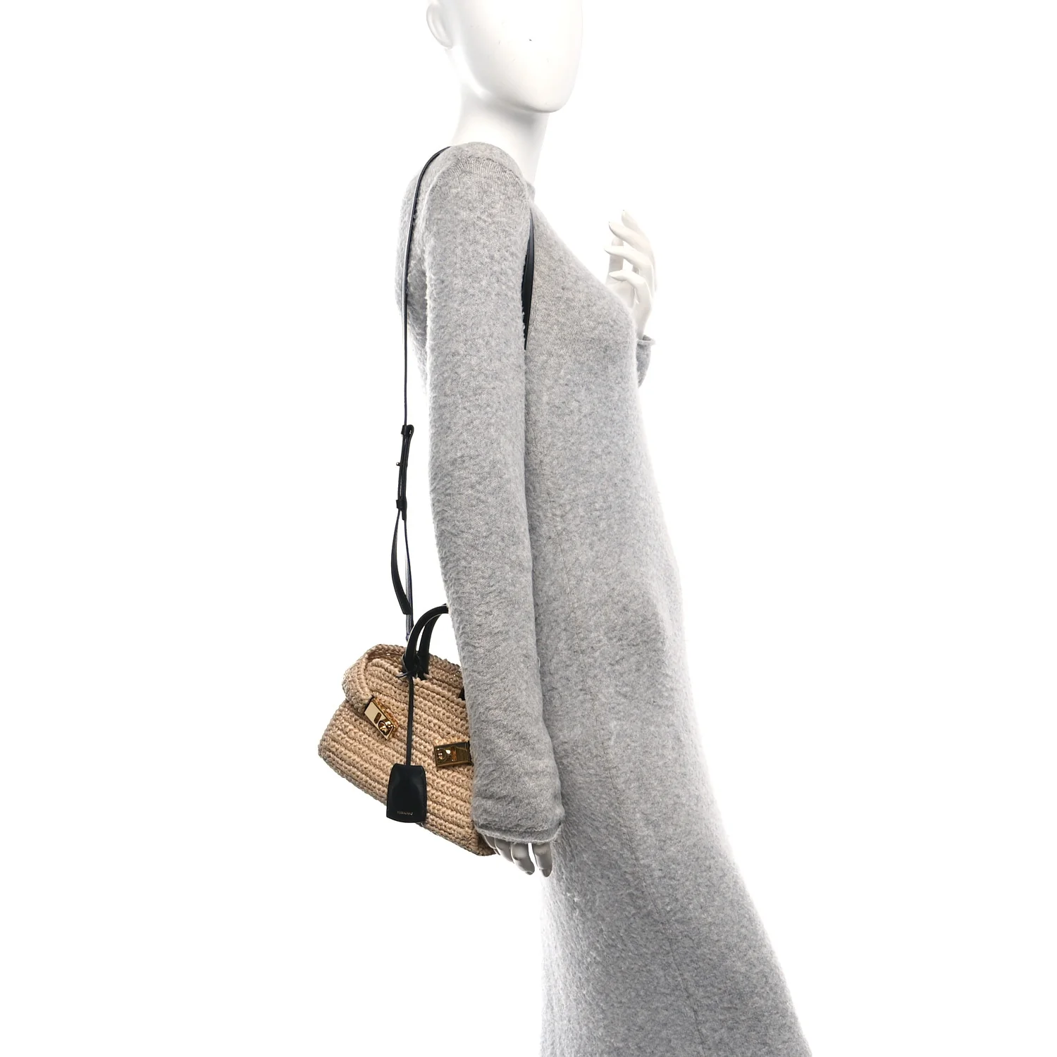 Raffia Effect Calfskin XS Hug Bag Natural Black - Image 2