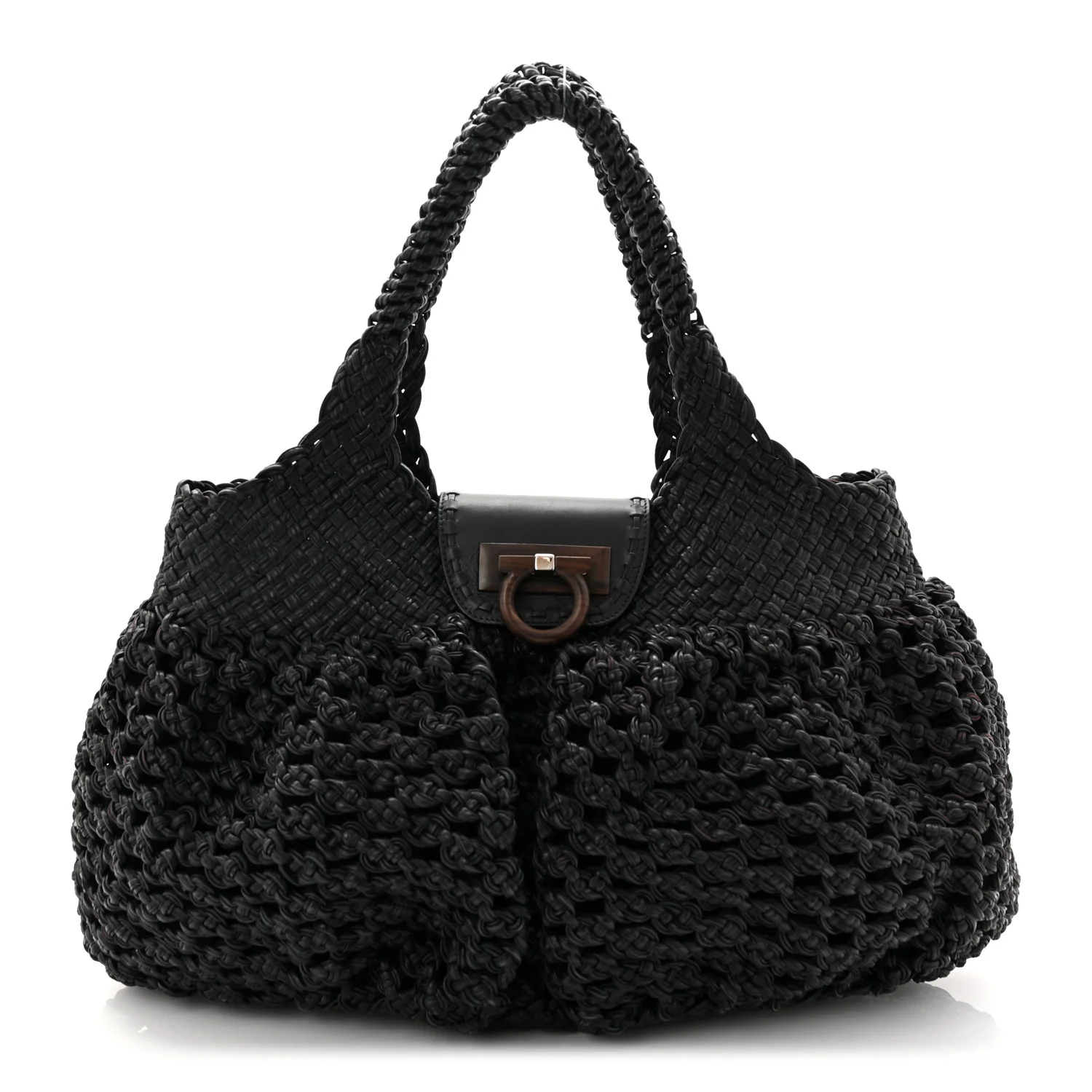 Woven Calfskin Gancini Shoulder Bag Black