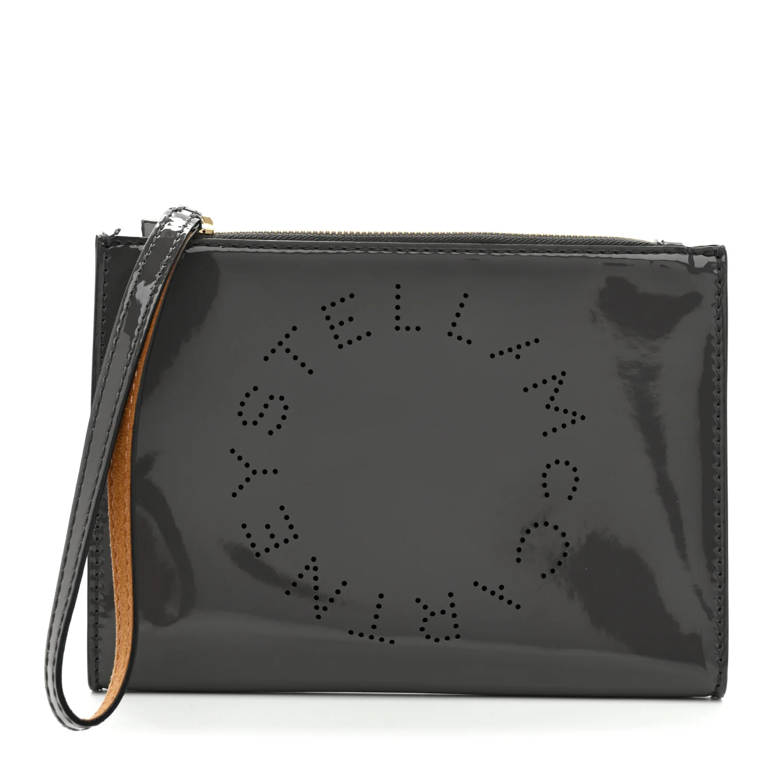 Patent Faux Leather Perforated Logo Pouch Caviar