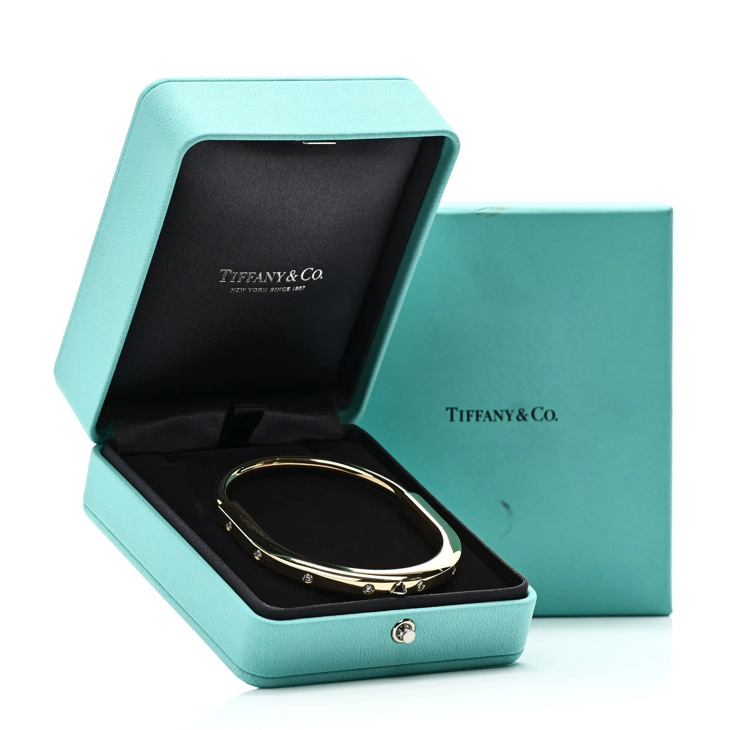 18K Yellow Gold Diamond Tiffany Lock Bangle Bracelet - Image 6