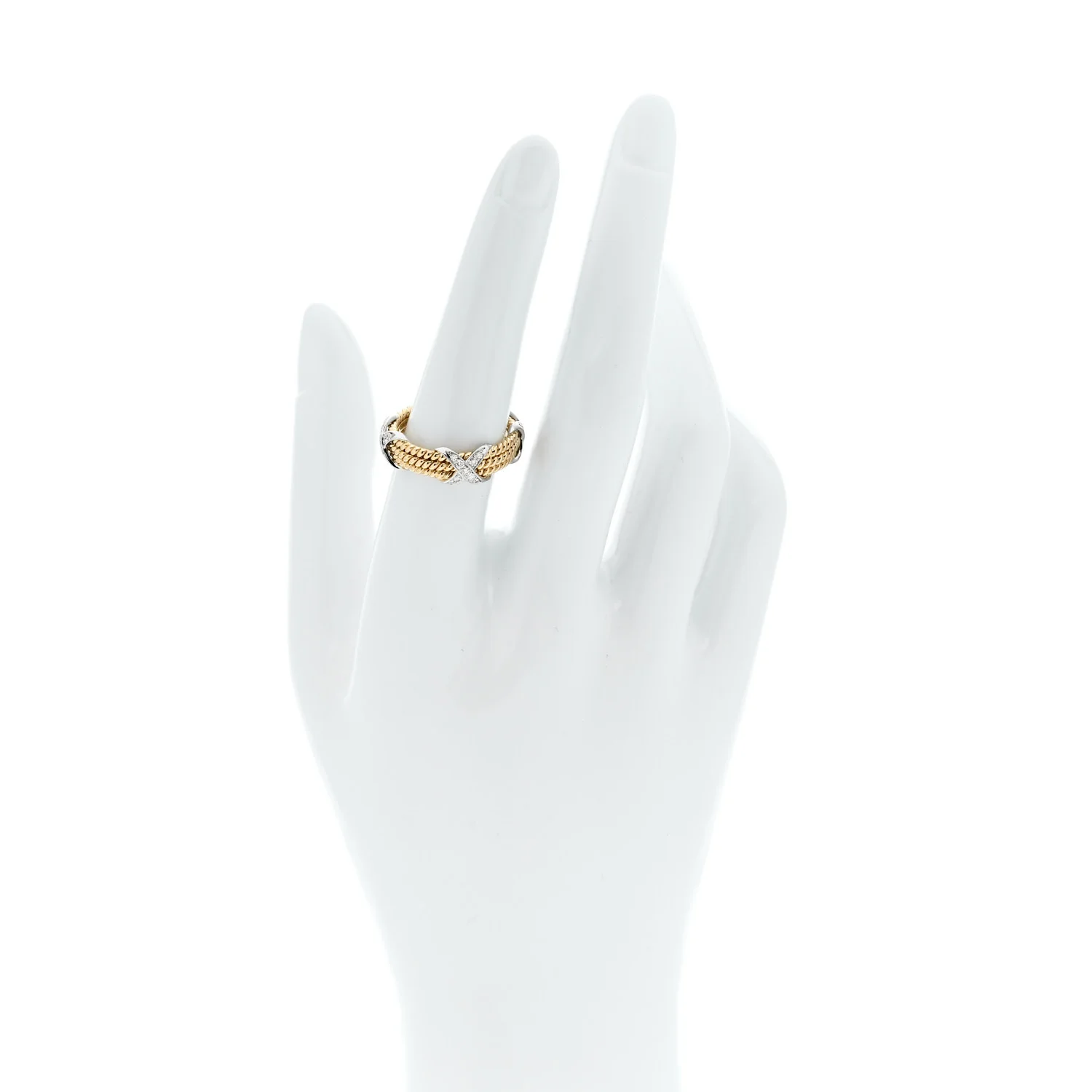 18K Yellow Gold Platinum Diamond Schlumberger Rope Three Row X Ring 54 7 - Image 2