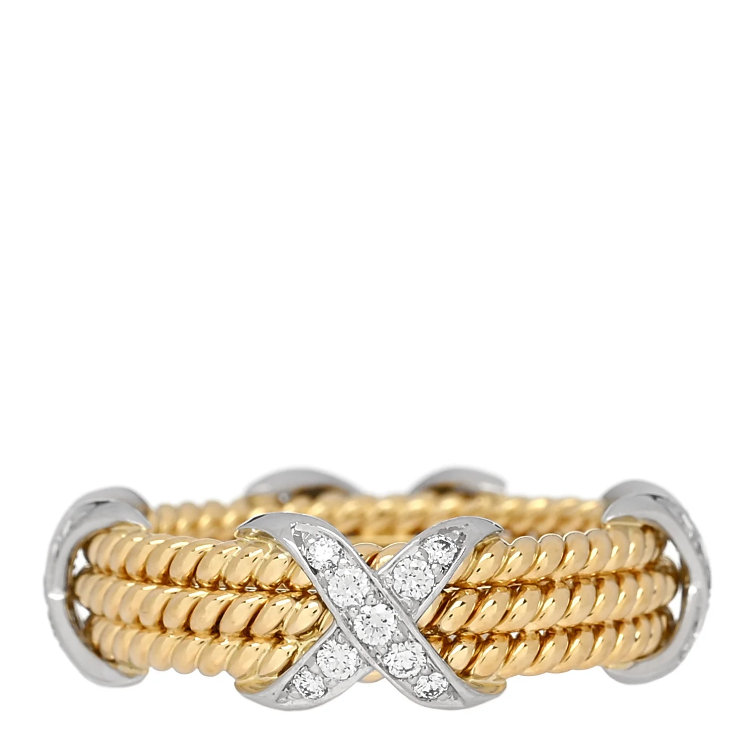 18K Yellow Gold Platinum Diamond Schlumberger Rope Three Row X Ring 54 7 - Image 3