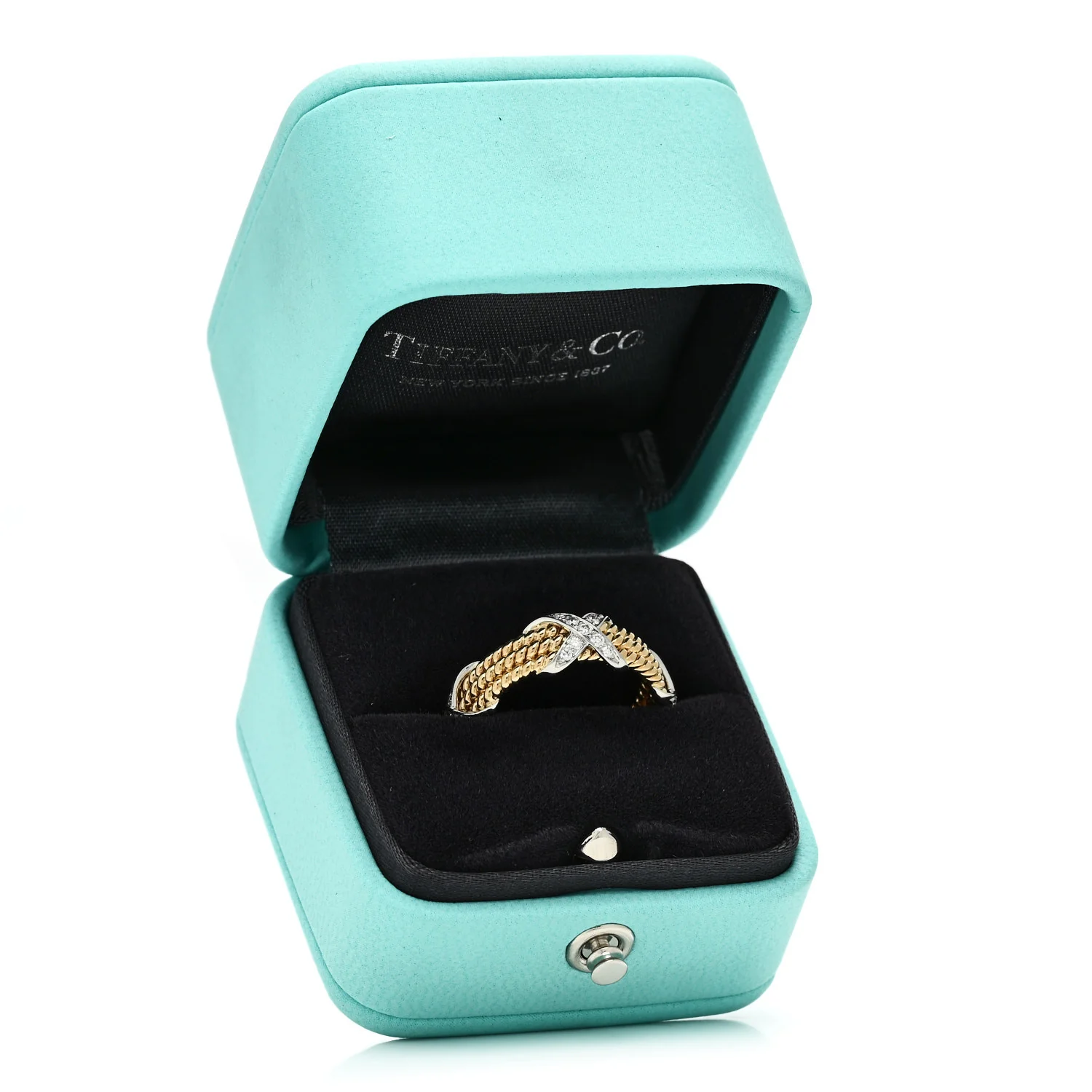 18K Yellow Gold Platinum Diamond Schlumberger Rope Three Row X Ring 54 7 - Image 5