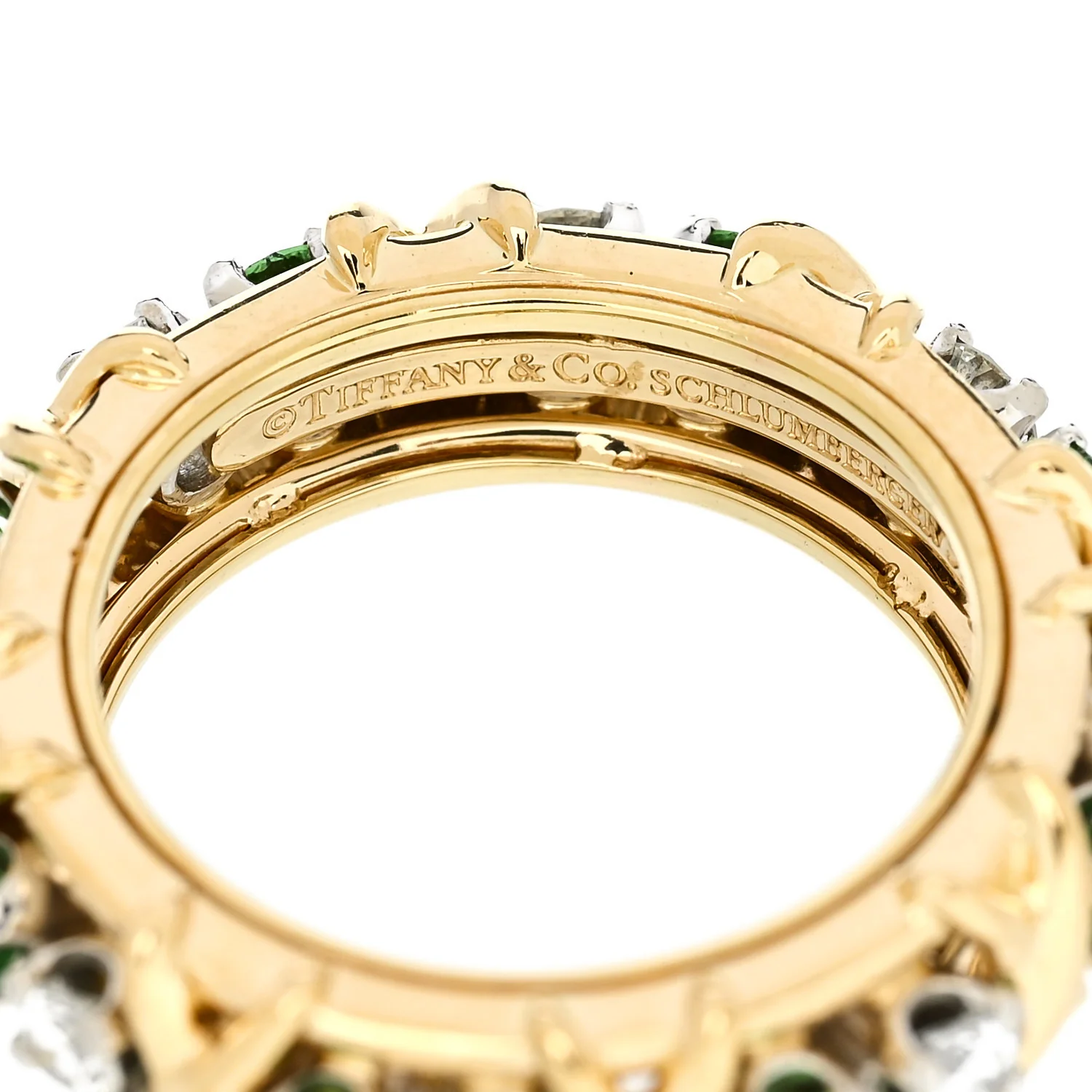 18K Yellow Gold Platinum Diamond Tsavorite Schlumberger Sixteen Stone Ring 49 5 - Image 4