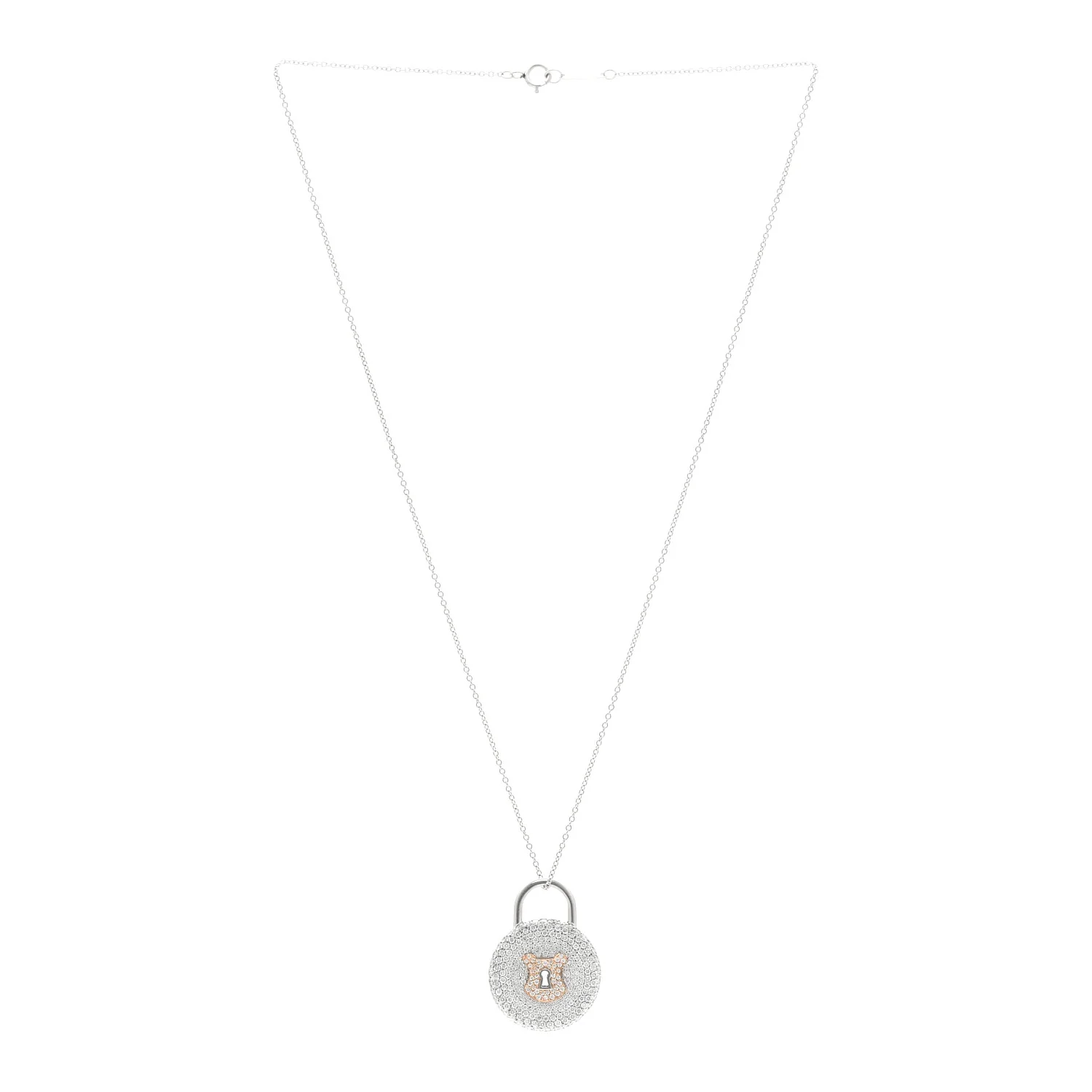 Platinum 18K Rose Gold Diamond Vintage Lock Pendant Necklace - Image 3