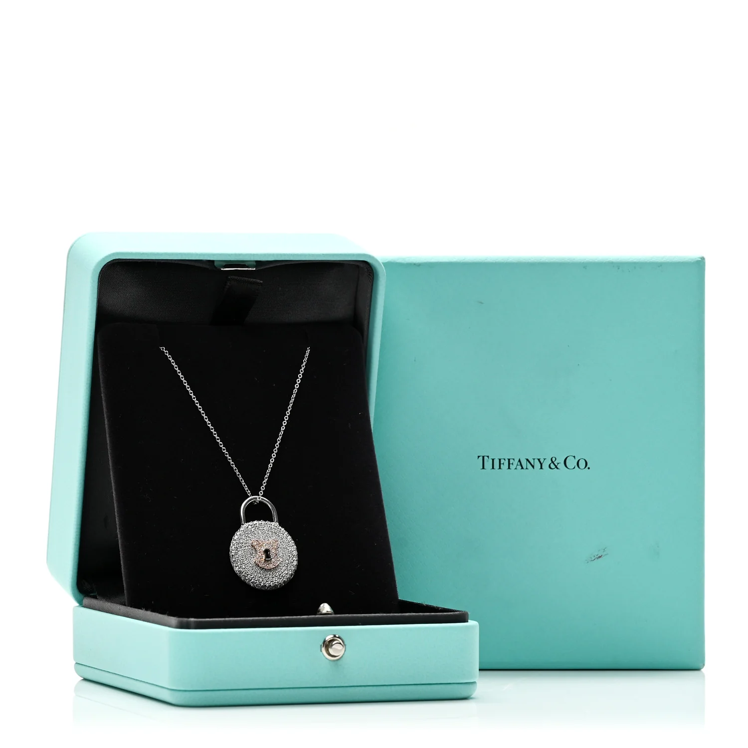 Platinum 18K Rose Gold Diamond Vintage Lock Pendant Necklace - Image 6