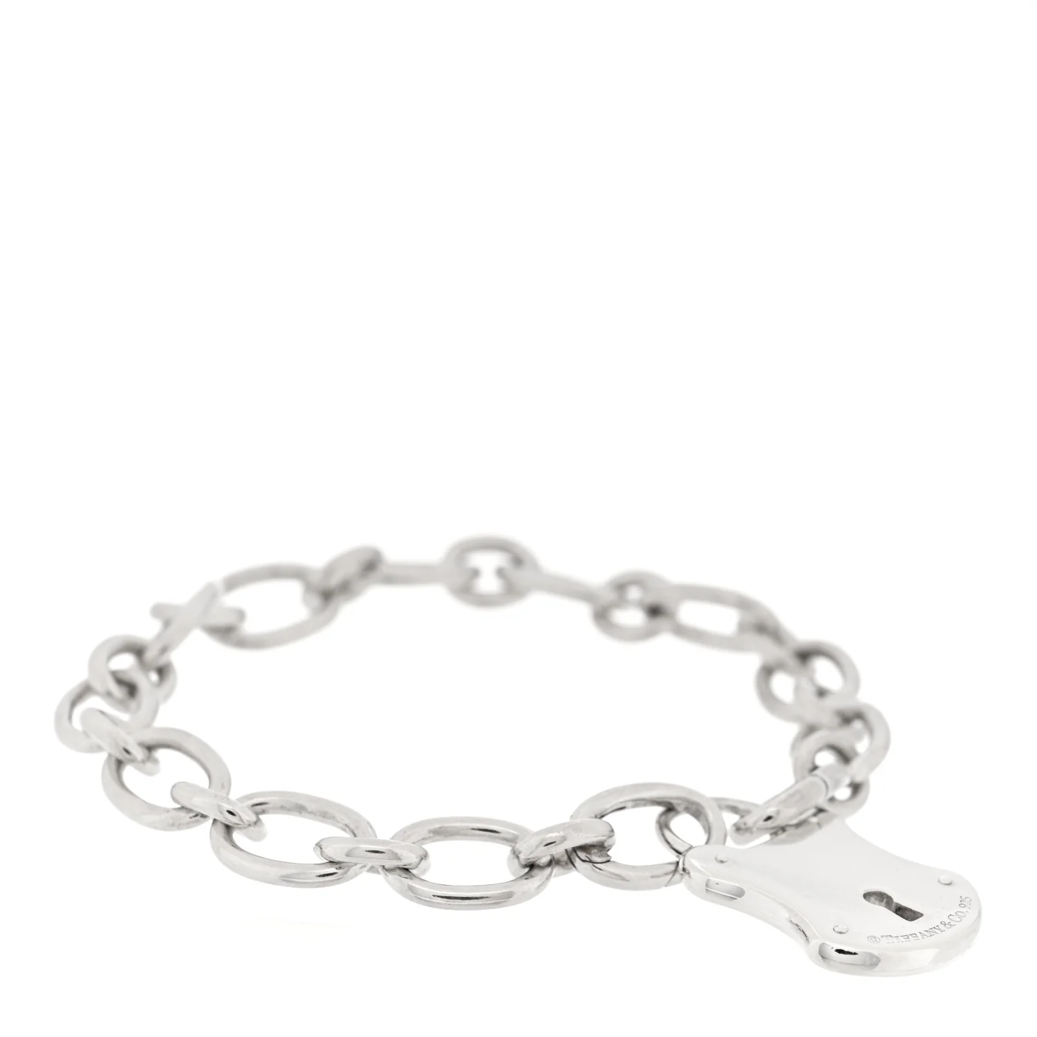 Sterling Silver Oval Clasping Link Emblem Lock Charm Bracelet