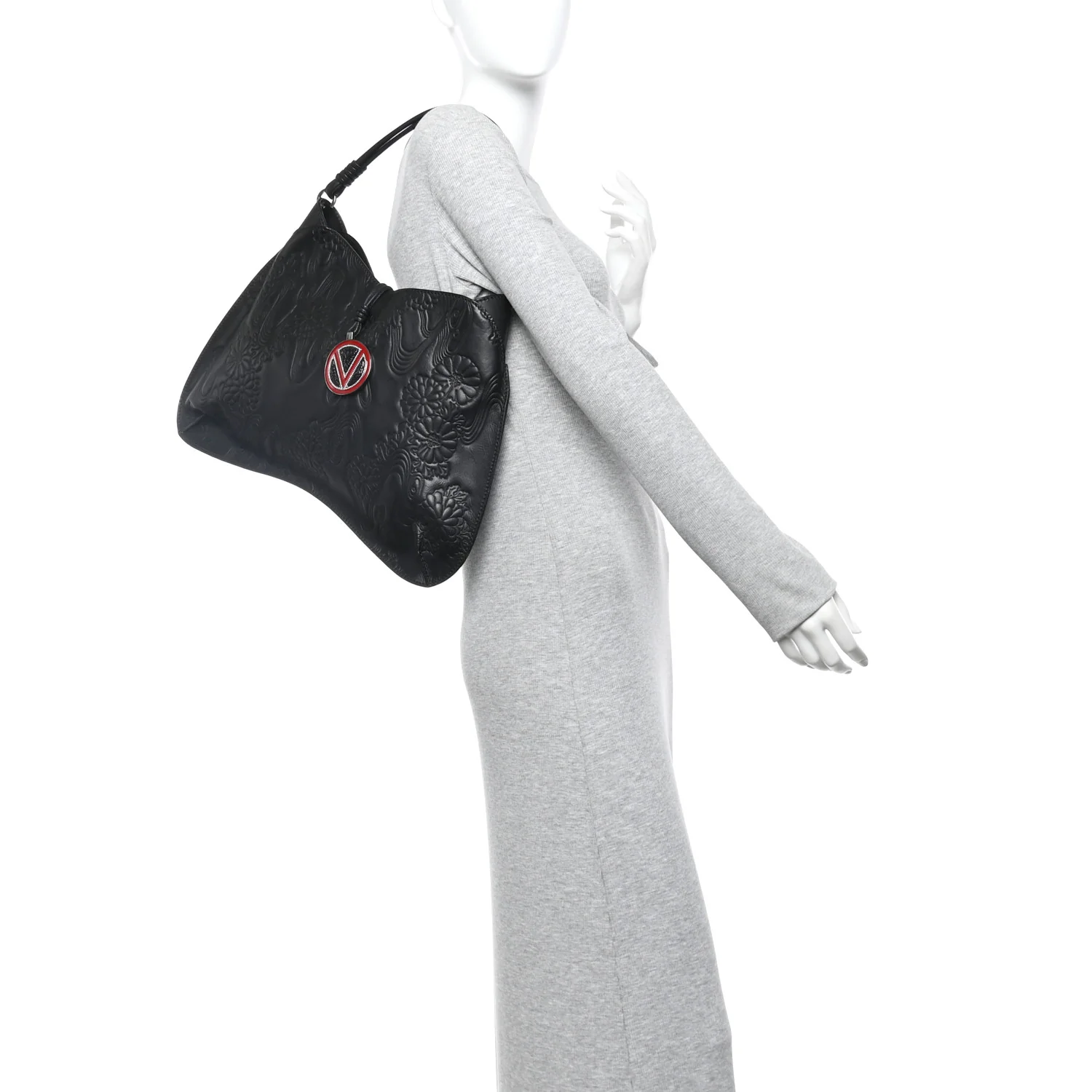 Calfskin Embossed Floral Shoulder Bag Black - Image 2