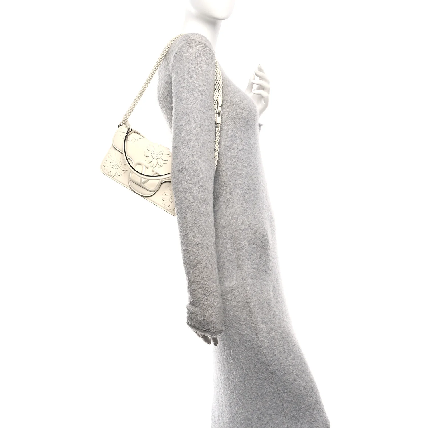Calfskin Floral Embellished Monochrome Vlogo Loco Shoulder Bag White - Image 2