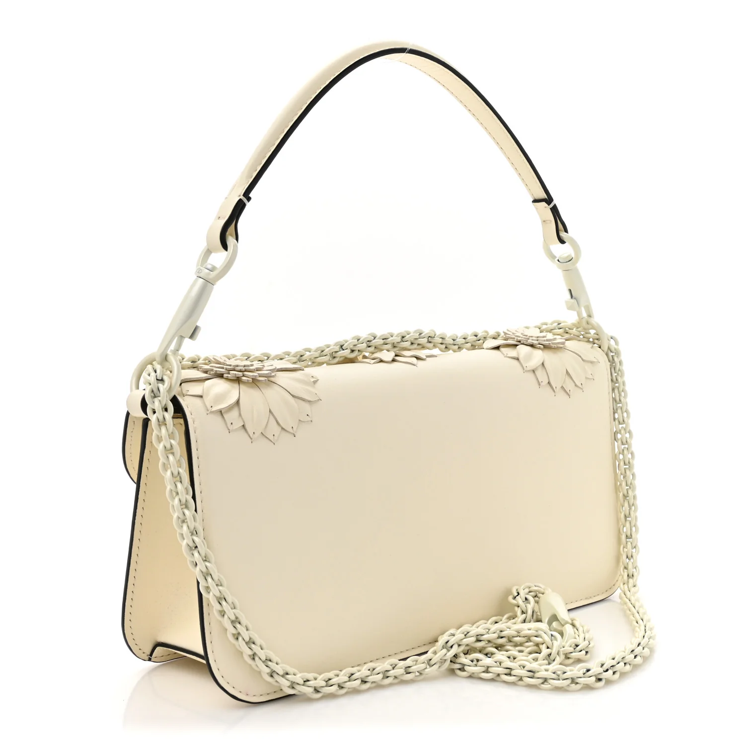 Calfskin Floral Embellished Monochrome Vlogo Loco Shoulder Bag White - Image 3