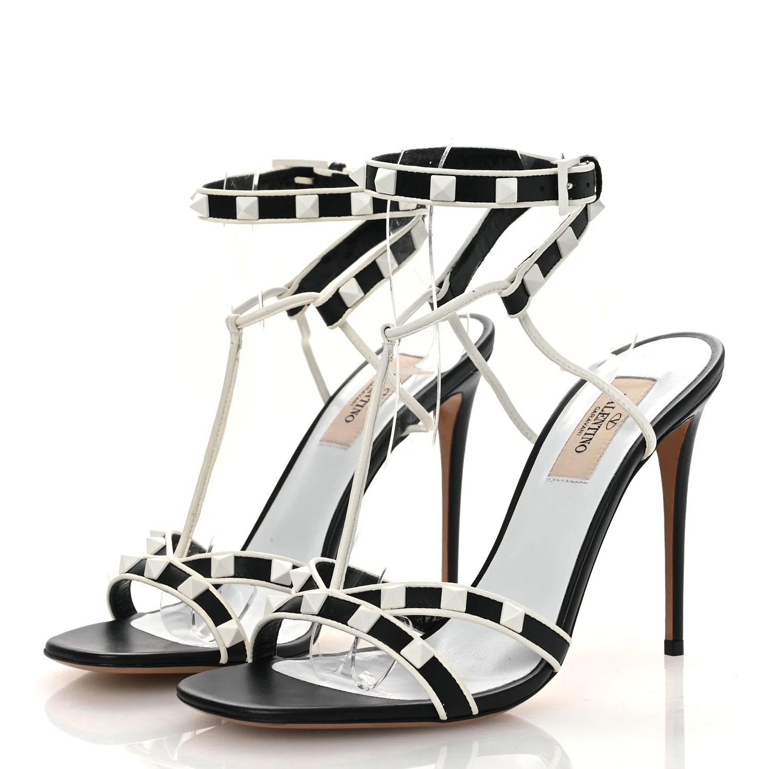 Calfskin Free Rockstud Ankle T-Strap 105mm Sandals 37.5 Black Optic White - Image 4