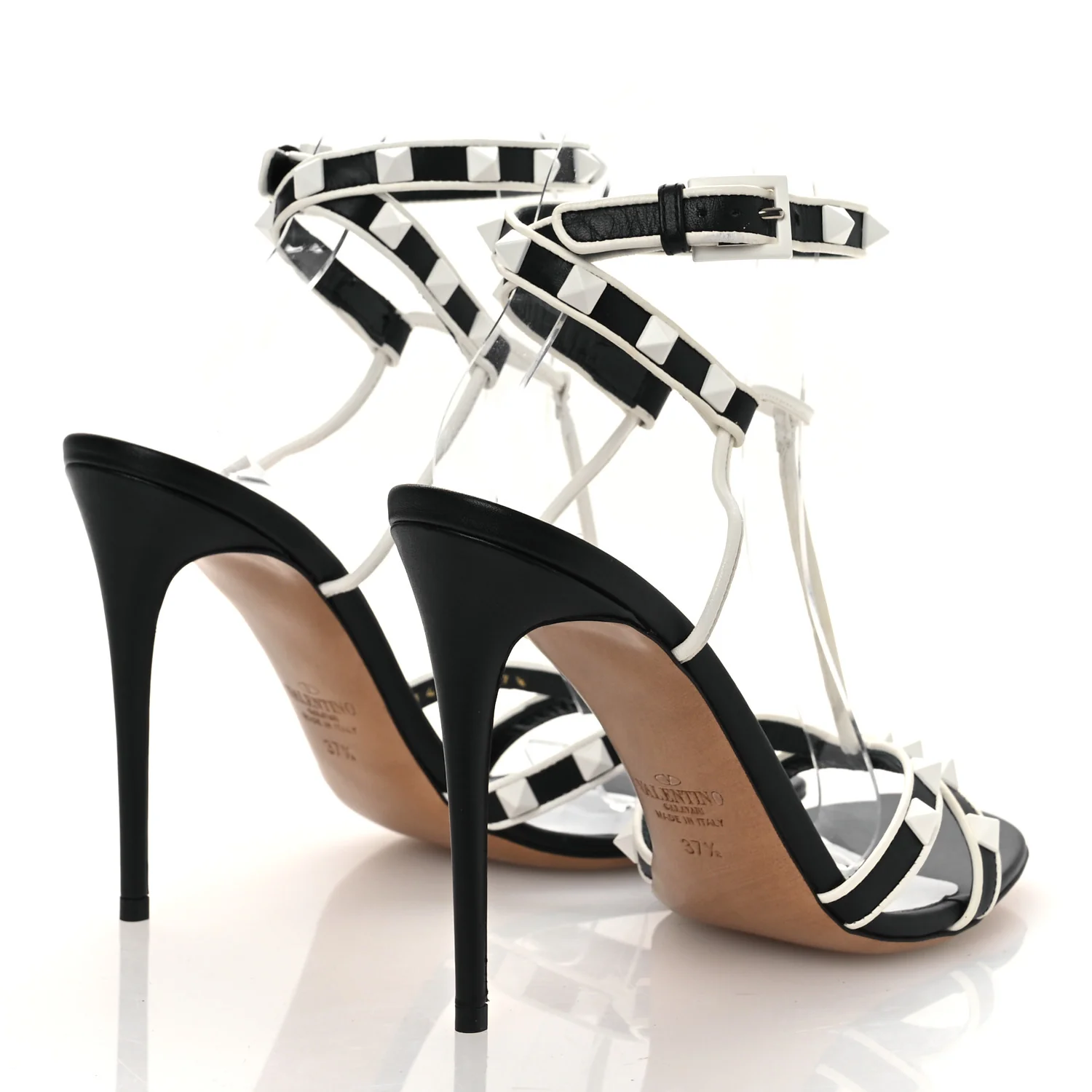 Calfskin Free Rockstud Ankle T-Strap 105mm Sandals 37.5 Black Optic White - Image 5