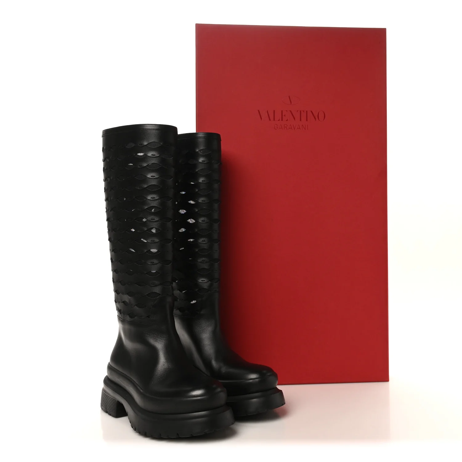 Calfskin Mesh Roman Stud Laser Cut Knee High Boots 37 Black - Image 11