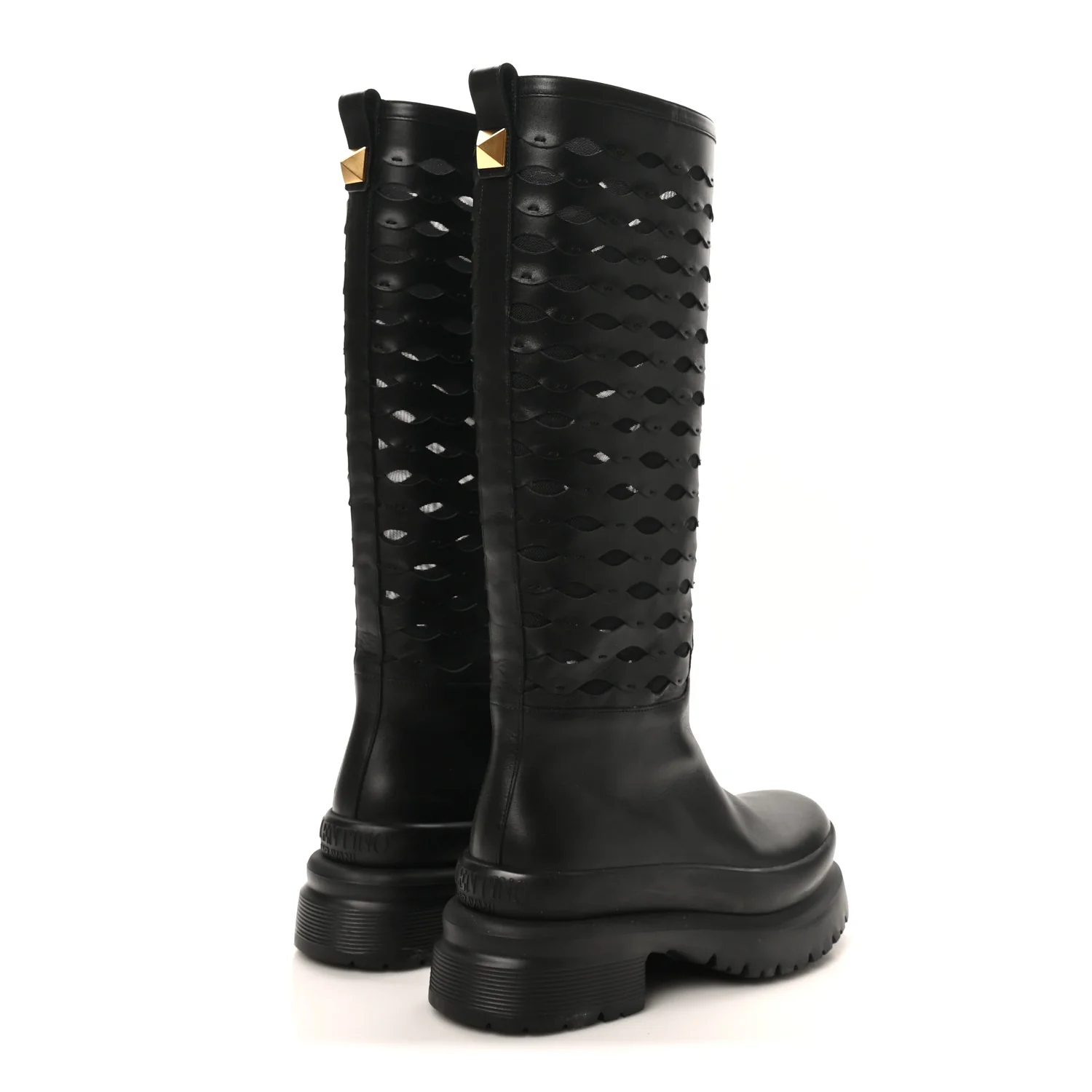 Calfskin Mesh Roman Stud Laser Cut Knee High Boots 37 Black - Image 5