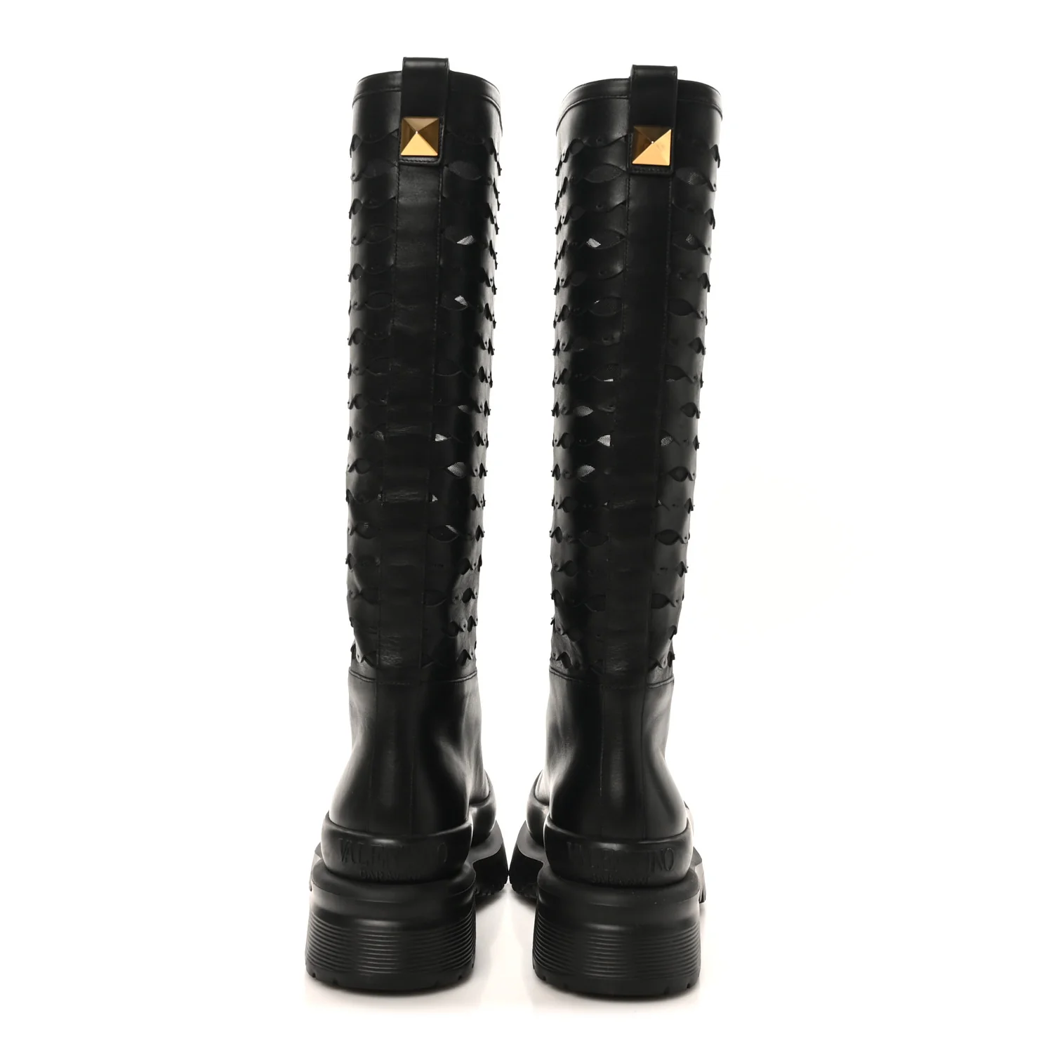 Calfskin Mesh Roman Stud Laser Cut Knee High Boots 37 Black - Image 6
