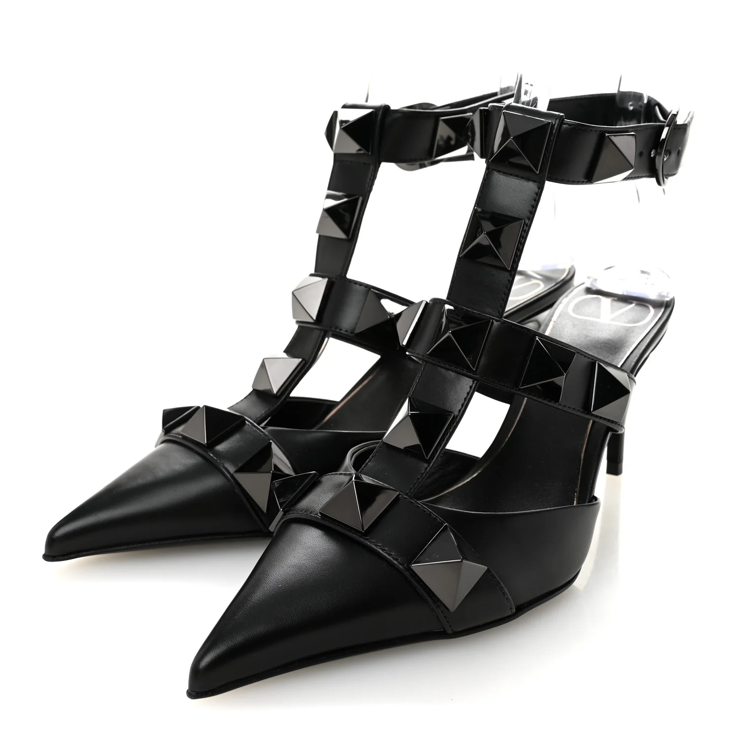 Calfskin Monochrome Roman Stud Ankle Strap 80mm Pumps 36 Black - Image 3