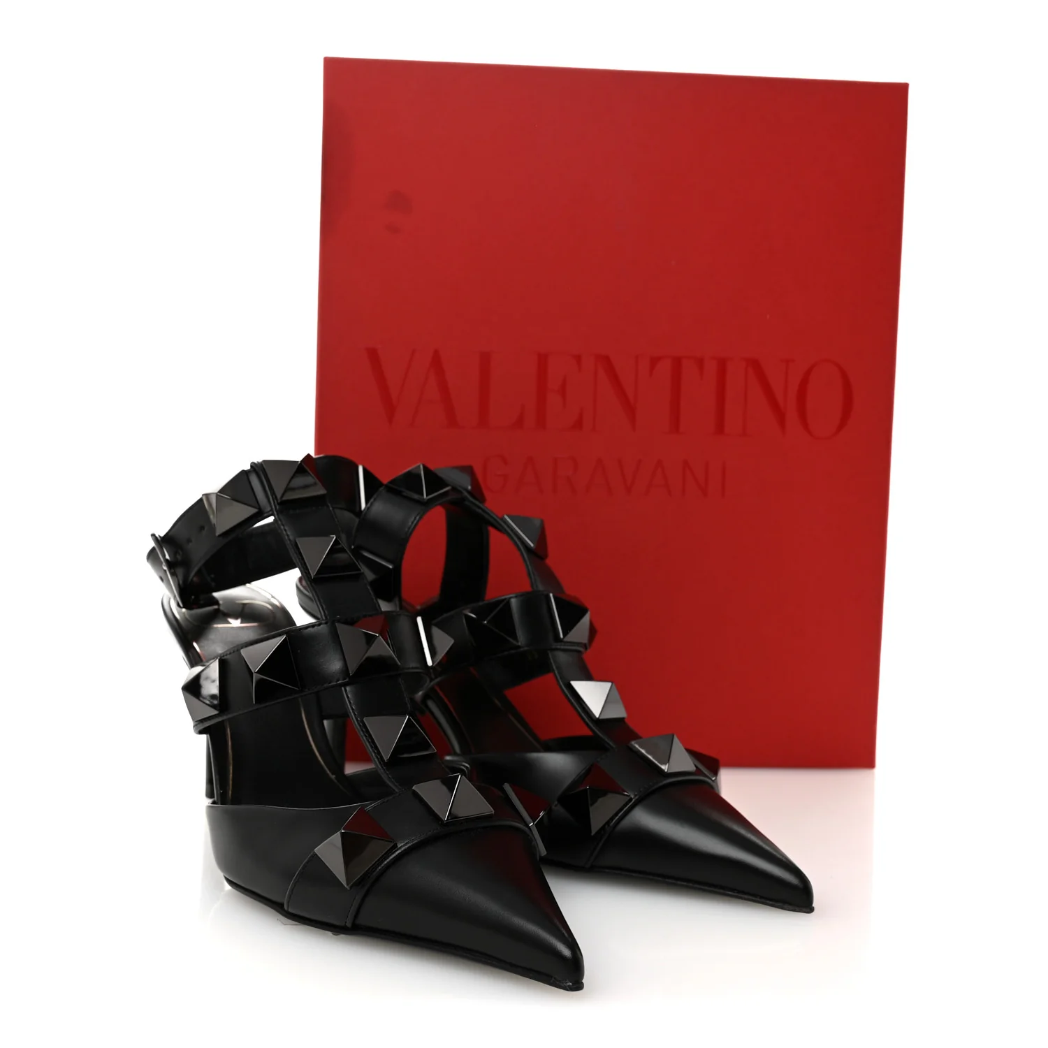 Calfskin Monochrome Roman Stud Ankle Strap 80mm Pumps 36 Black - Image 9