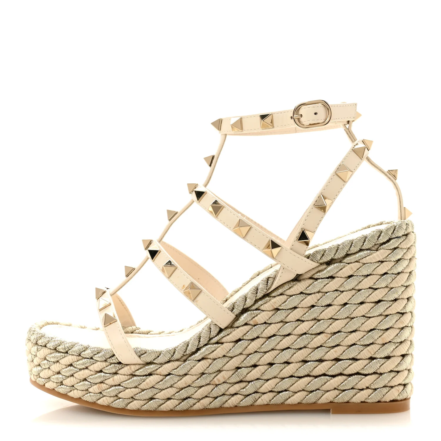 Calfskin Rockstud Ankle Strap Torchon Espadrille Caged 25/95mm Wedge Sandals 36 Light Ivory