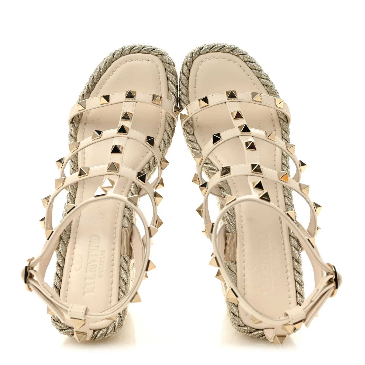Calfskin Rockstud Ankle Strap Torchon Espadrille Caged 25/95mm Wedge Sandals 36 Light Ivory - Image 2