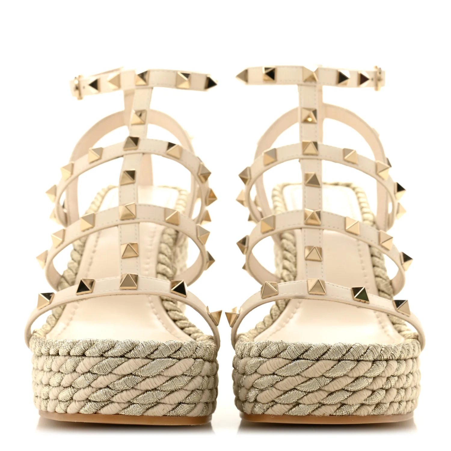 Calfskin Rockstud Ankle Strap Torchon Espadrille Caged 25/95mm Wedge Sandals 36 Light Ivory - Image 3