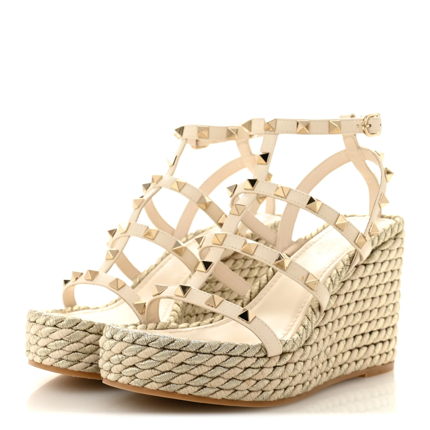 Calfskin Rockstud Ankle Strap Torchon Espadrille Caged 25/95mm Wedge Sandals 36 Light Ivory - Image 4